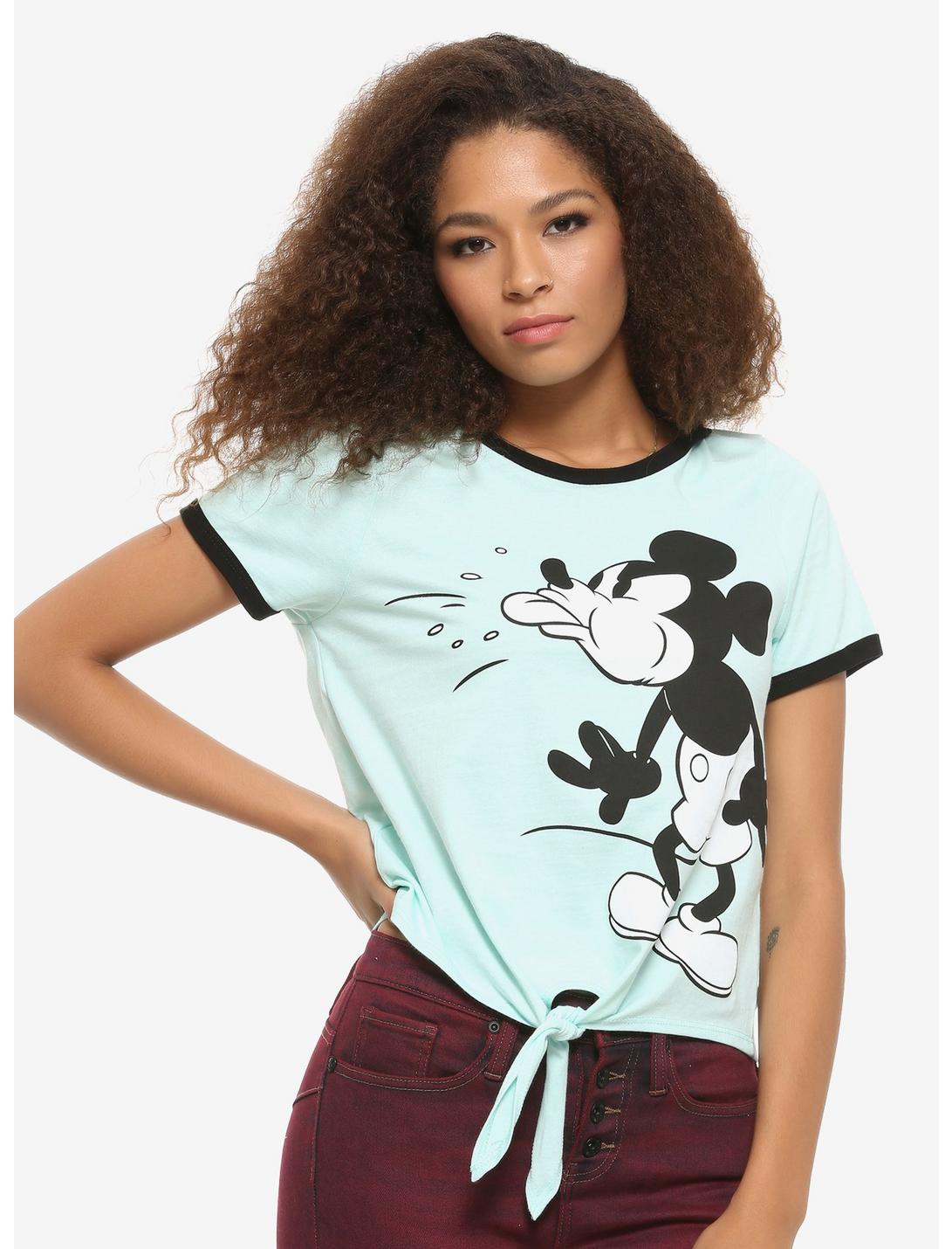 Disney Mickey Mouse Tongue Out Tie-Front Girls Ringer T-Shirt, BLACK, hi-res