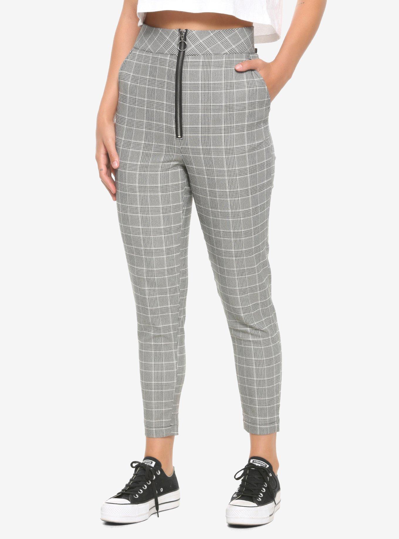 Grey Plaid O-Ring Zipper Skinny Pants, PLAID - GREY, hi-res