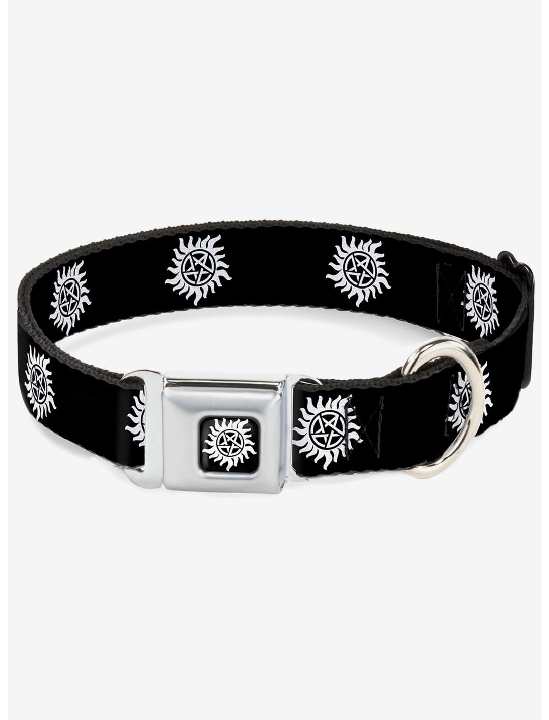 Supernatural Winchester Pentagram Repeat Black White Seatbelt Buckle Dog Collar, BLACK, hi-res