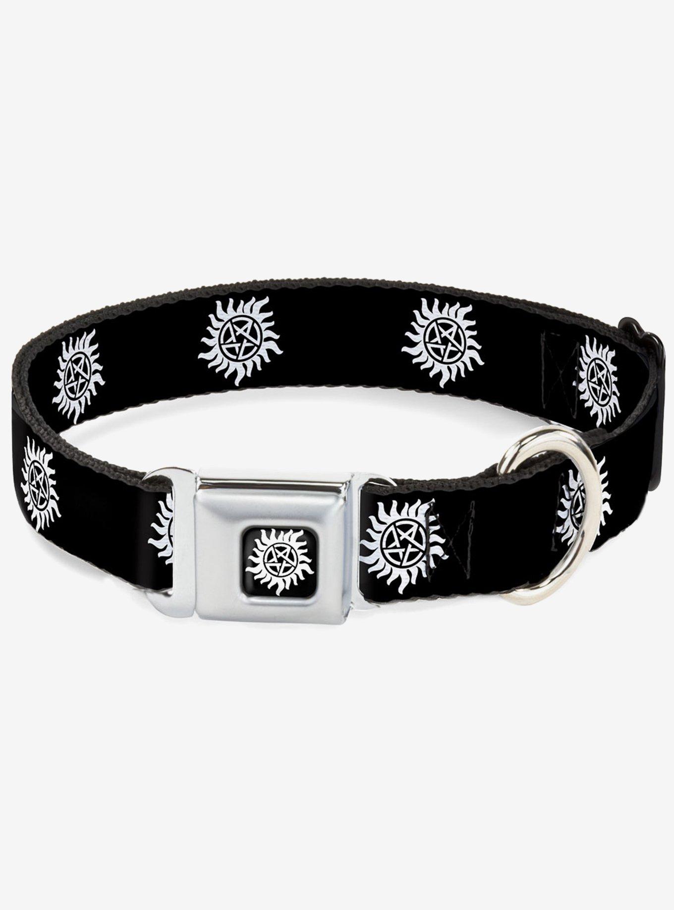 Supernatural Winchester Pentagram Repeat Black White Seatbelt Buckle Dog Collar, , hi-res