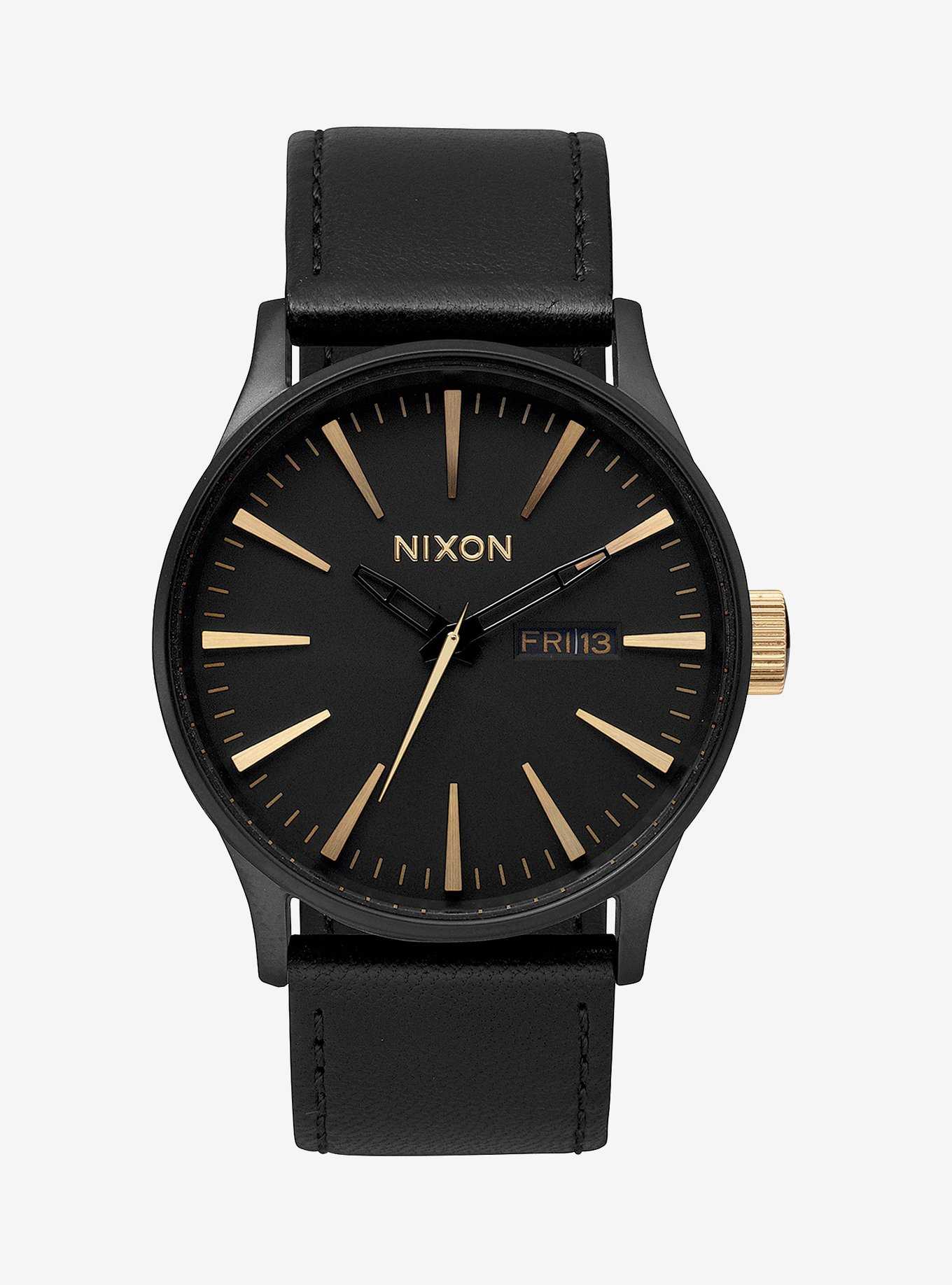 Nixon Sentry Leather Matte Black and Gold Watch, , hi-res