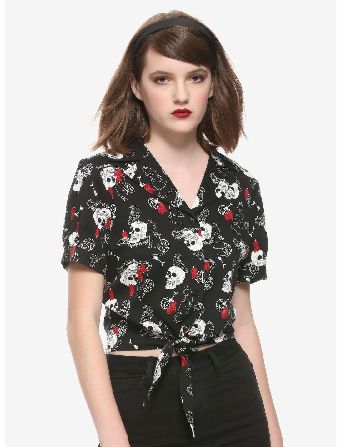 Chilling Adventures Of Sabrina Salem Tie-Front Girls Woven Button-Up, MULTI, hi-res