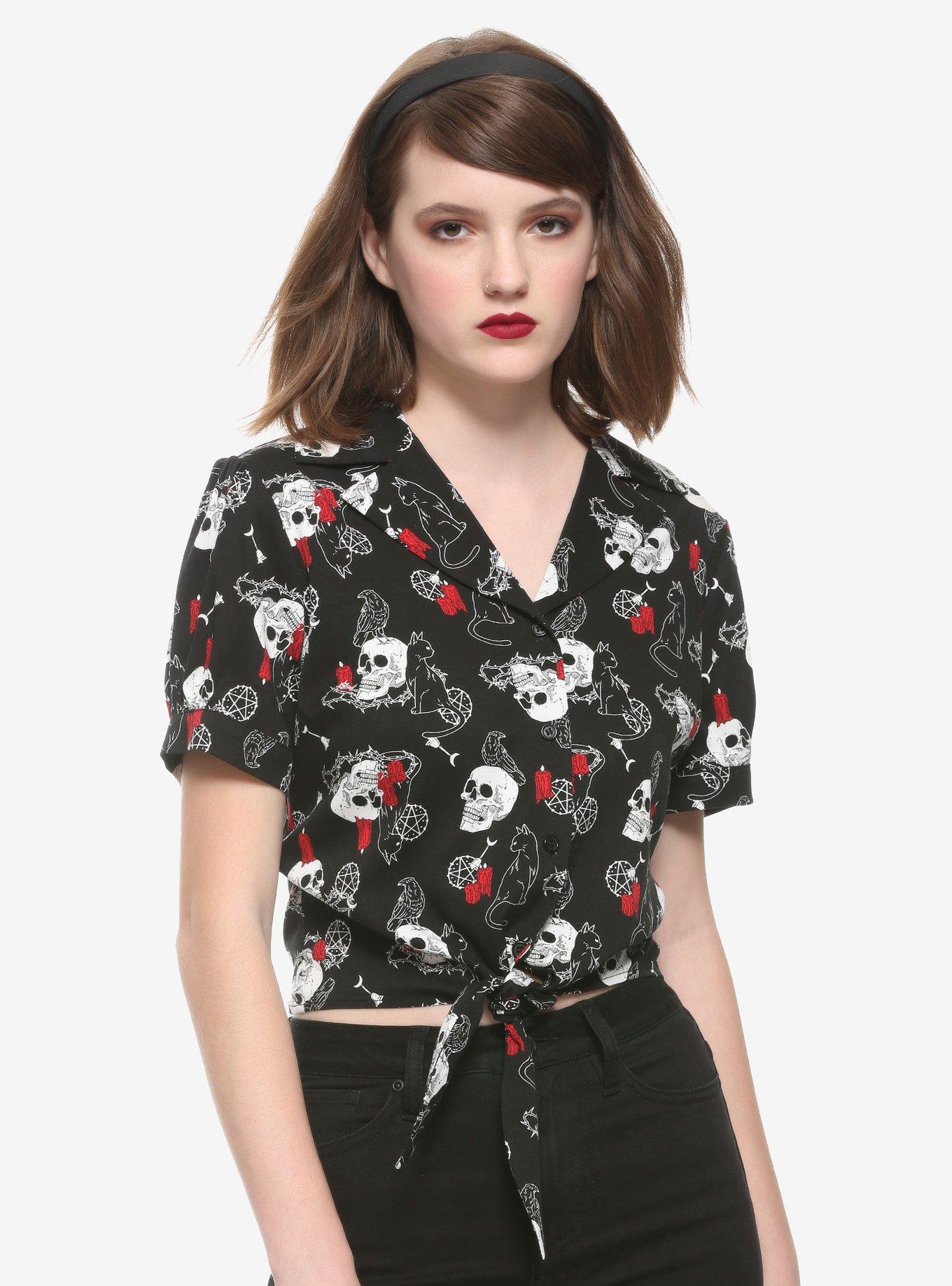 Chilling Adventures Of Sabrina Salem Tie-Front Girls Woven Button-Up, MULTI, hi-res