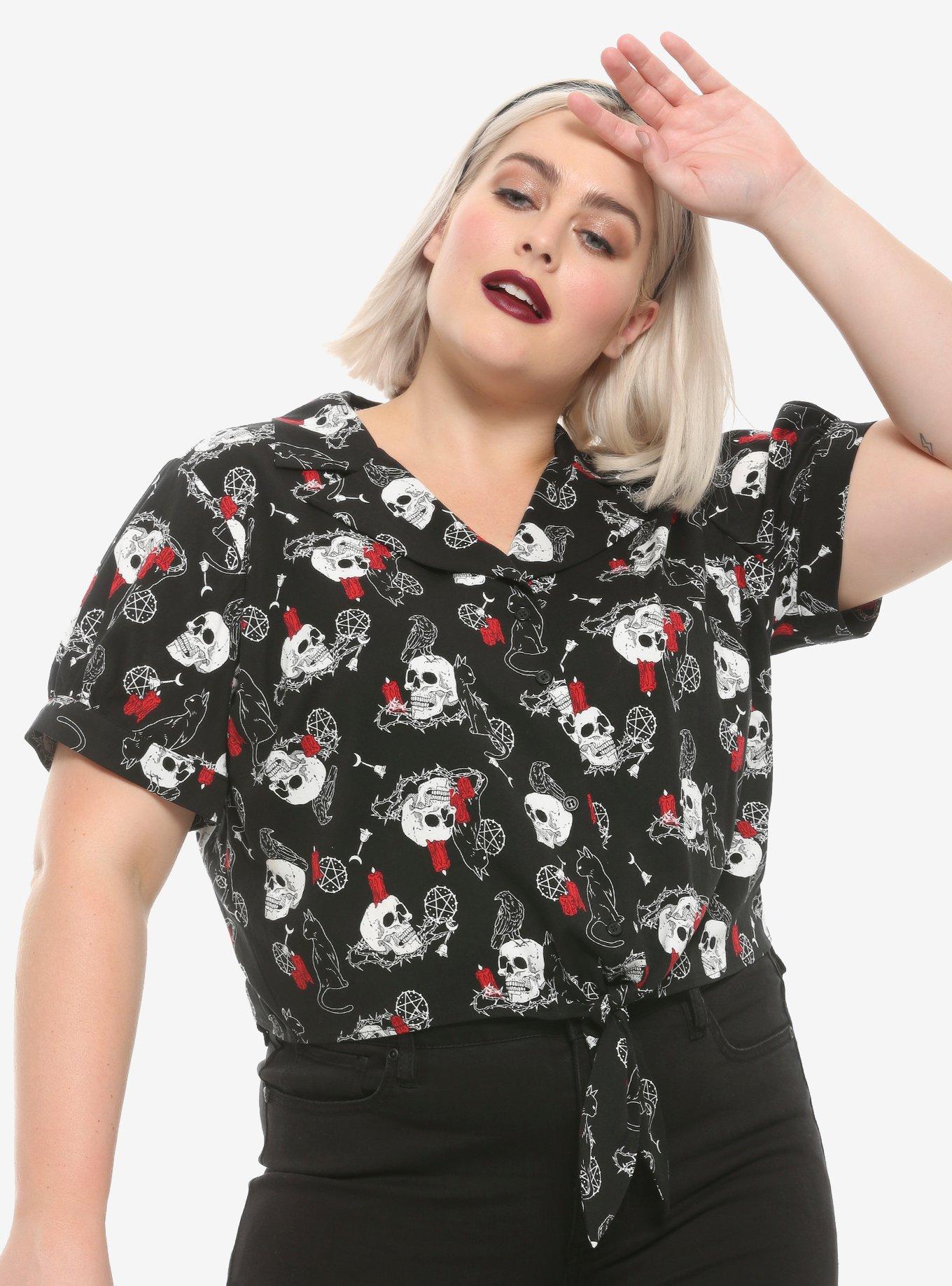 Chilling Adventures Of Sabrina Salem Tie-Front Girls Woven Button-Up Plus Size, MULTI, hi-res