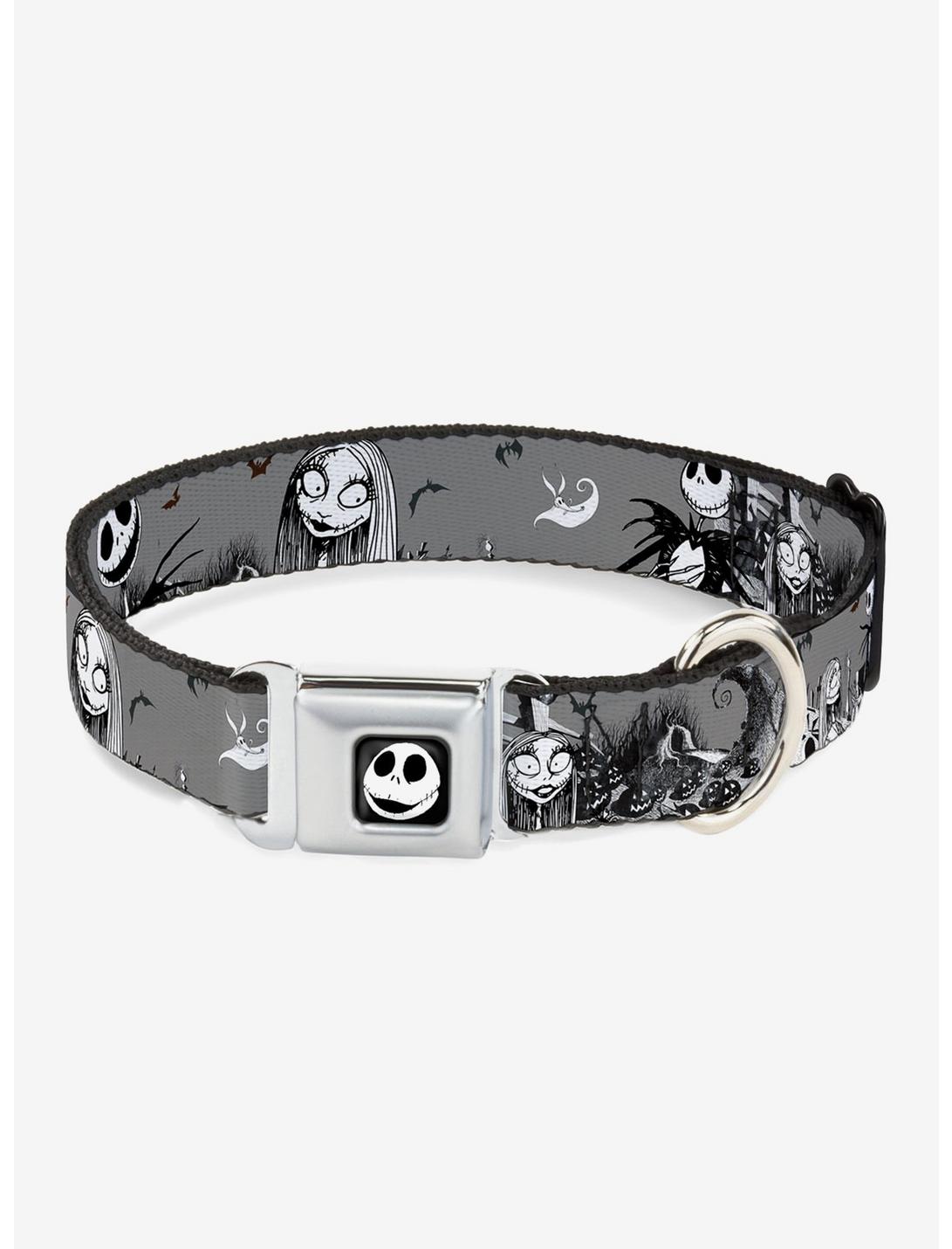 The Nightmare Before Christmas Jack And Sally Cemetery Scene Seatbelt Buckle Dog Collar, BLACK  WHITE, hi-res