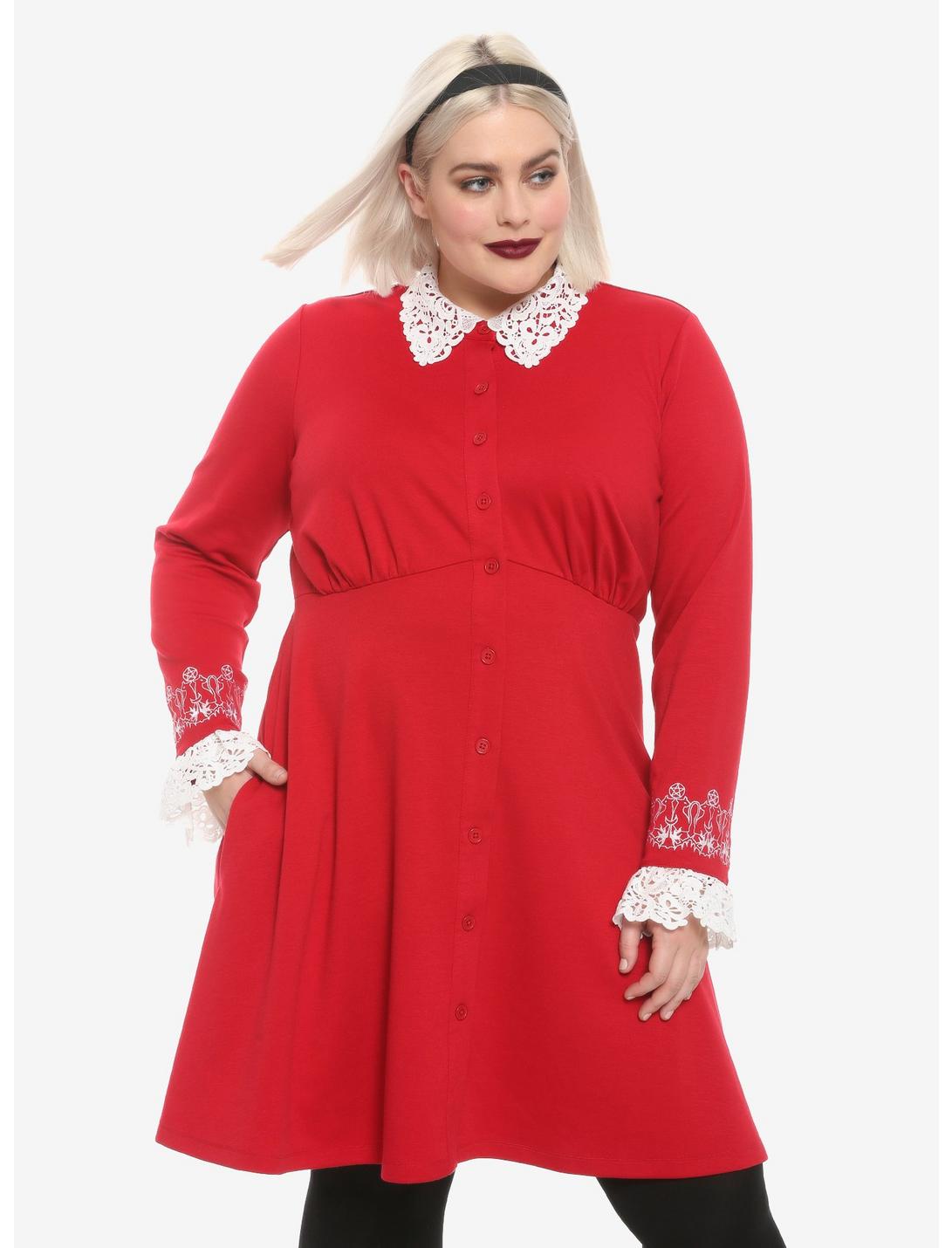 Chilling Adventures Of Sabrina Lace Collar Button-Front Dress Plus Size, RED, hi-res