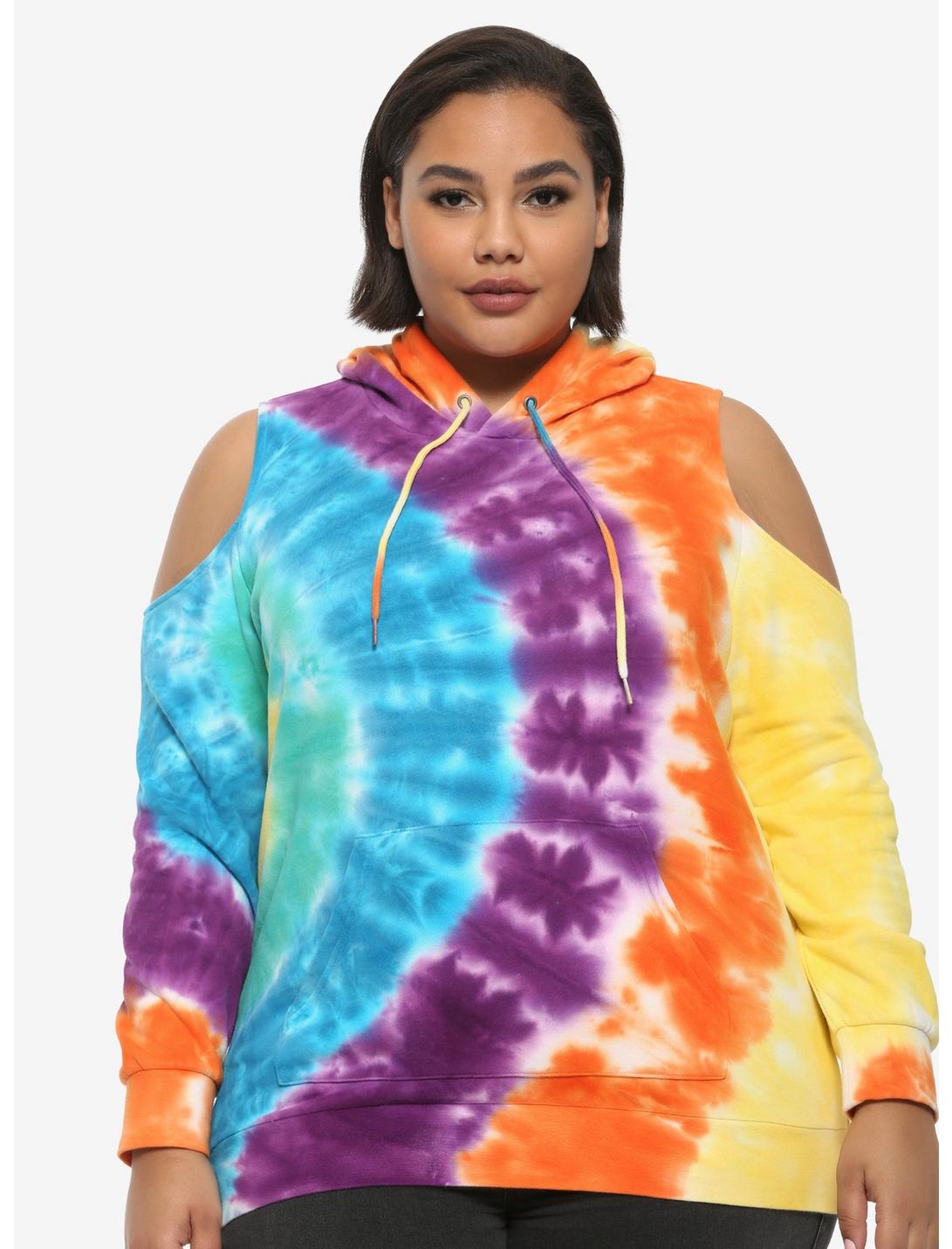 Rainbow Cold Shoulder Tie-Dye Girls Hoodie Plus Size, RAINBOW, hi-res