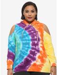 Rainbow Cold Shoulder Tie-Dye Girls Hoodie Plus Size, RAINBOW, hi-res