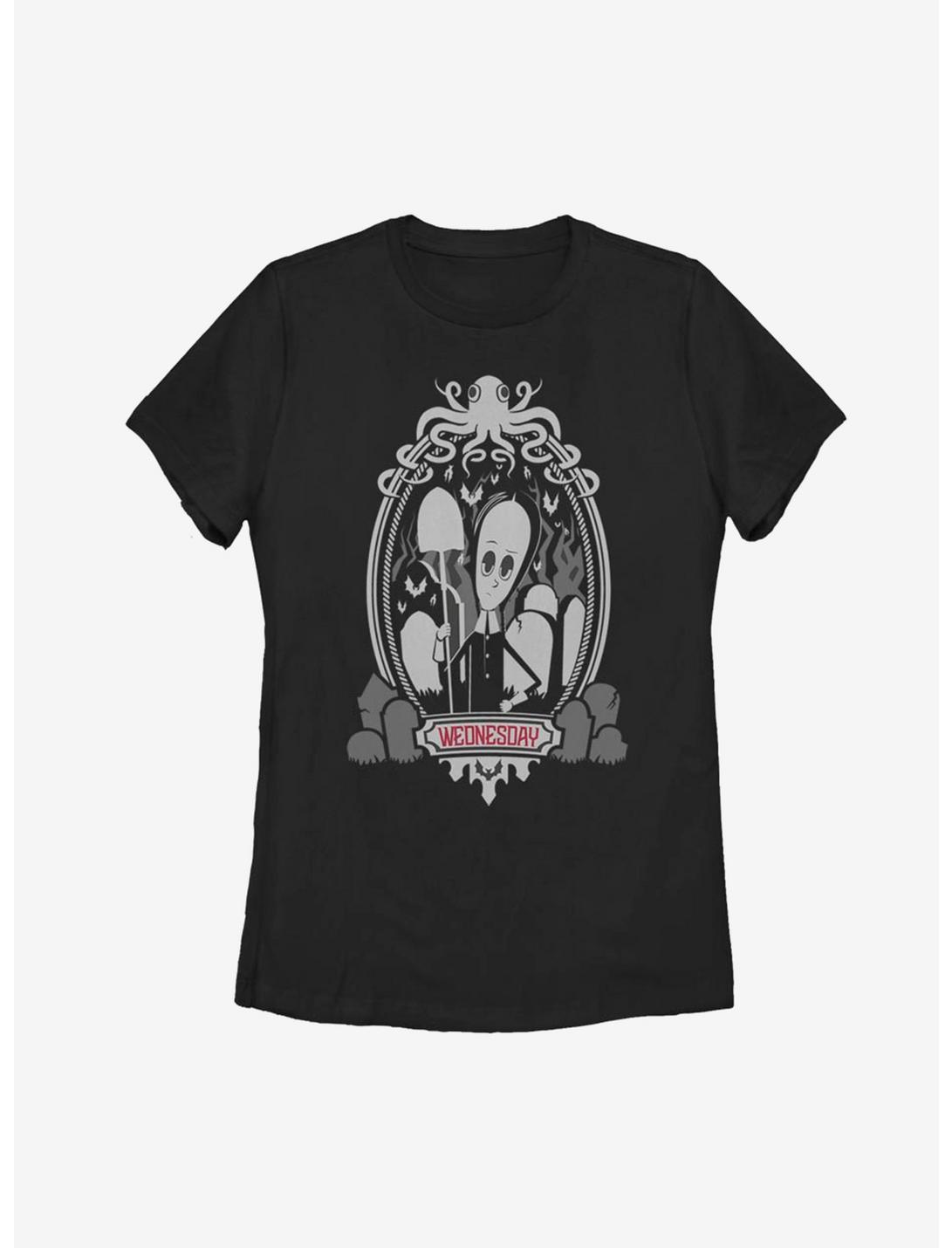 The Addams Family Wednesday Graveyard Frame Womens T-Shirt, BLACK, hi-res