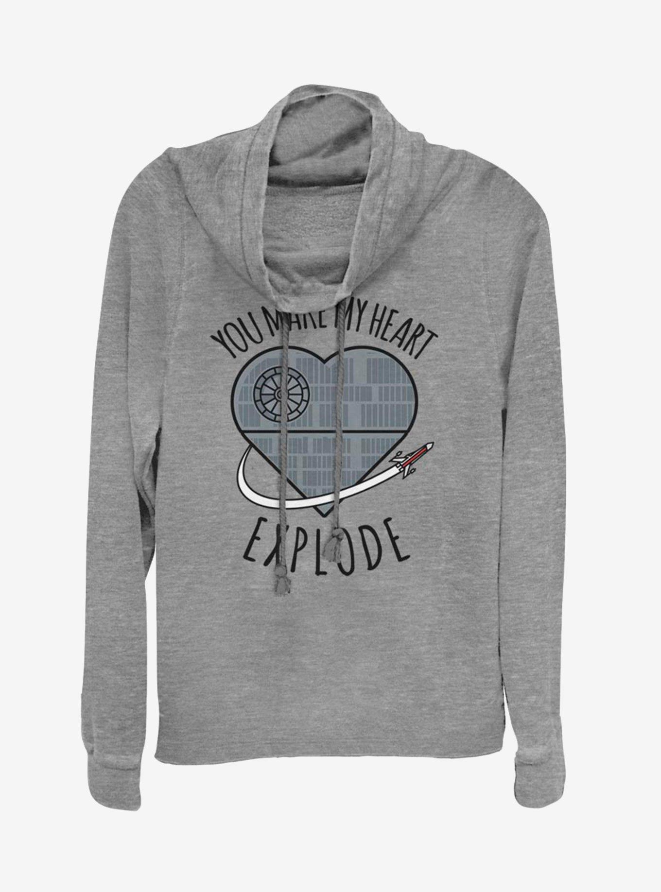 Star Wars Heart Explode Death Star Cowl Neck Long-Sleeve Girls Top, GRAY HTR, hi-res