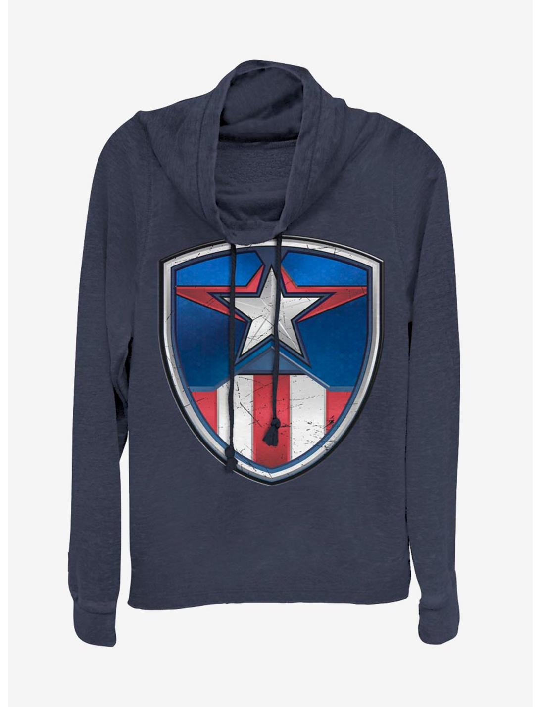 Marvel Captain America Classic Shield Crest Cowlneck Long-Sleeve Womens Top, NAVY, hi-res