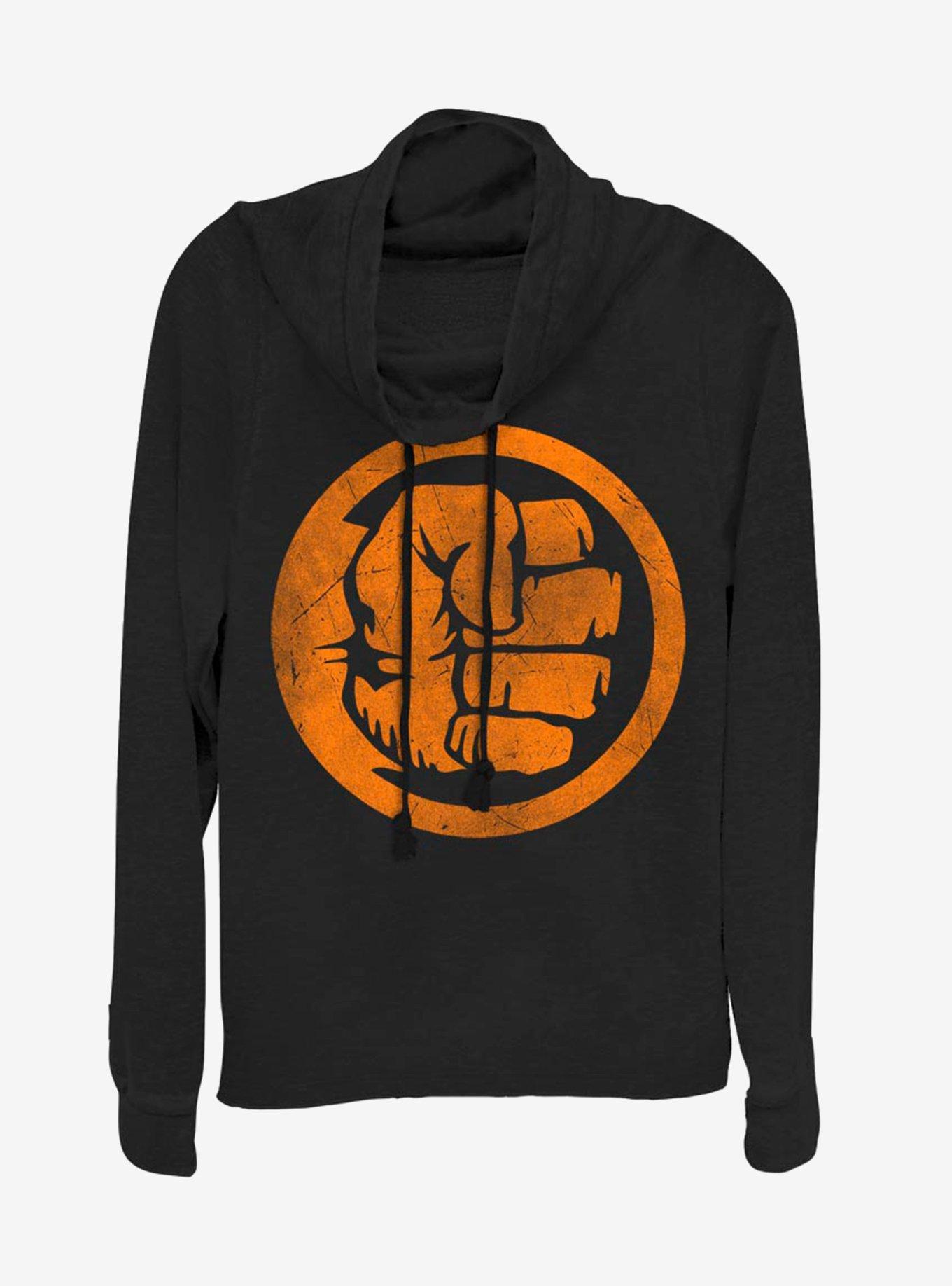 Marvel Hulk Orange Retro Symbol Cowlneck Long-Sleeve Womens Top, BLACK, hi-res