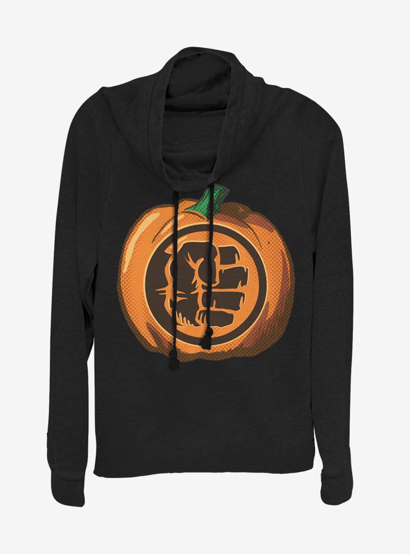 Marvel Hulk Pumpkin Cowlneck Long-Sleeve Womens Top, BLACK, hi-res