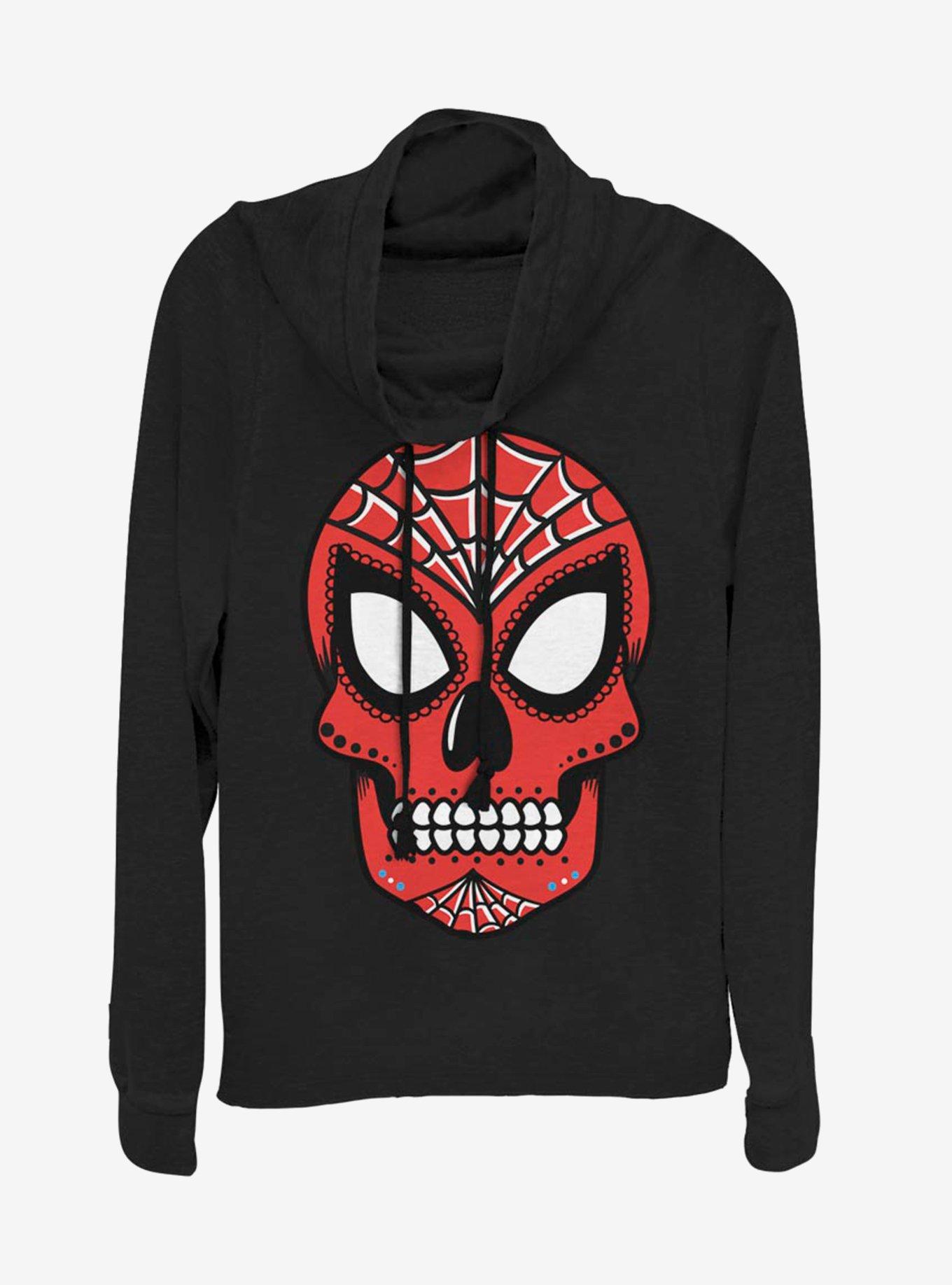 Marvel Spider-Man Sugar Skull Cowlneck Long-Sleeve Womens Top, BLACK, hi-res