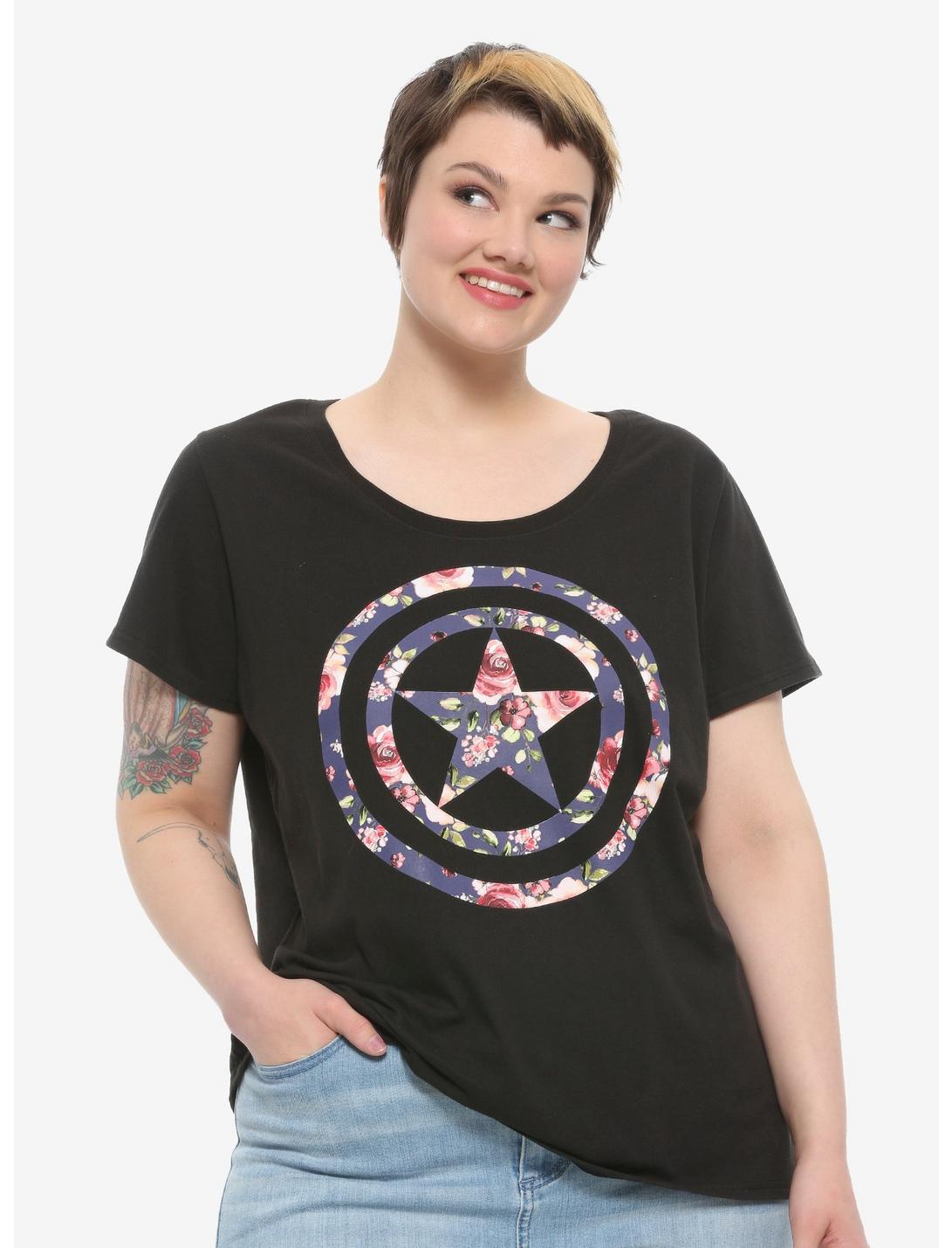 Marvel Captain America Floral Logo Girls T-Shirt Plus Size, MULTI, hi-res