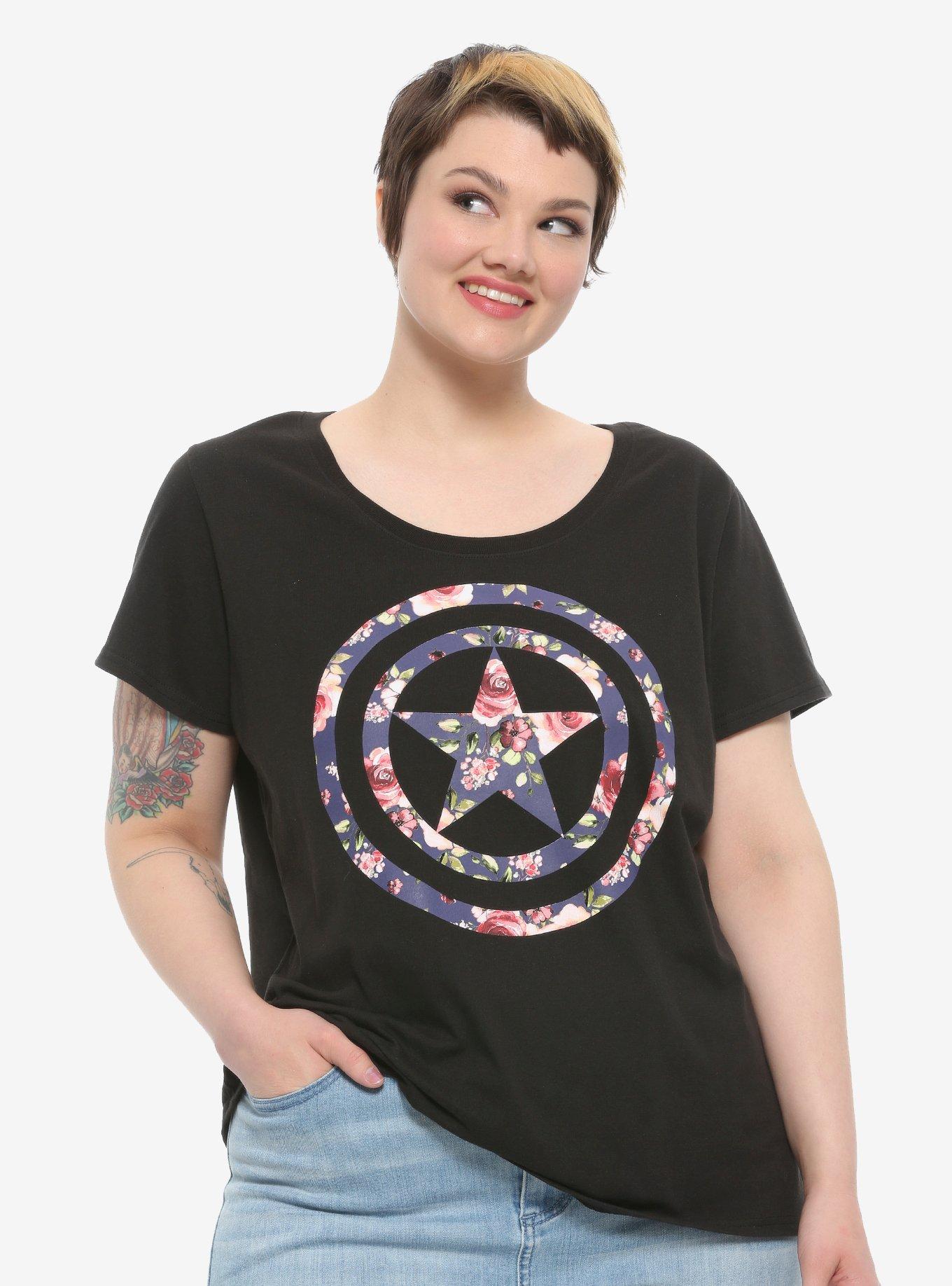 Marvel Captain America Floral Logo Girls T-Shirt Plus Size, MULTI, hi-res