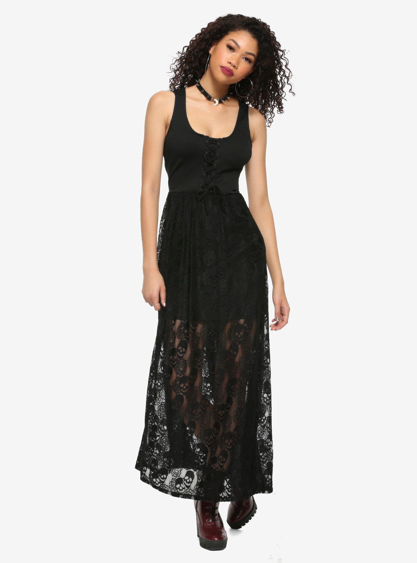 Black Lace-Up Skull Lace Maxi Dress, BLACK, hi-res