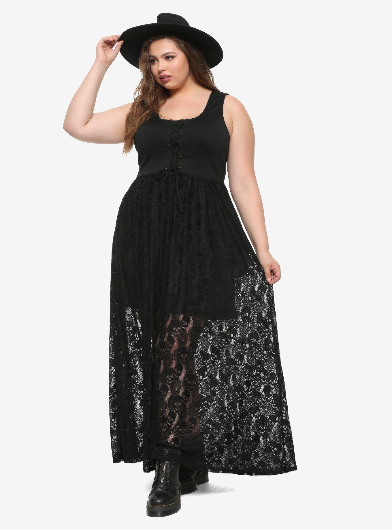 Black Lace-Up Skull Lace Maxi Dress Plus Size