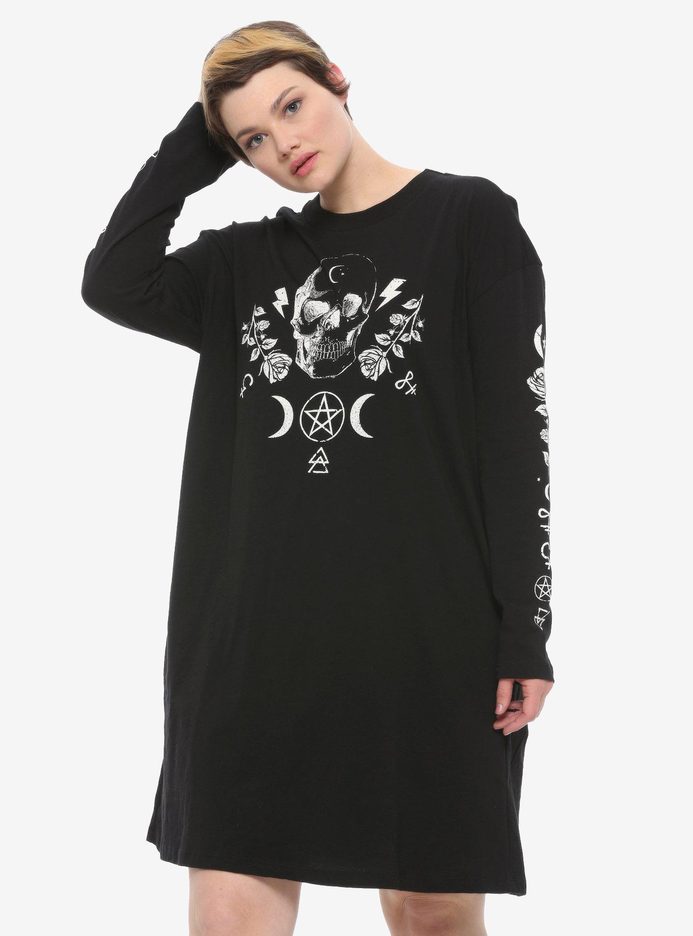 Skull & Moon T-Shirt Dress Plus Size, BLACK, hi-res
