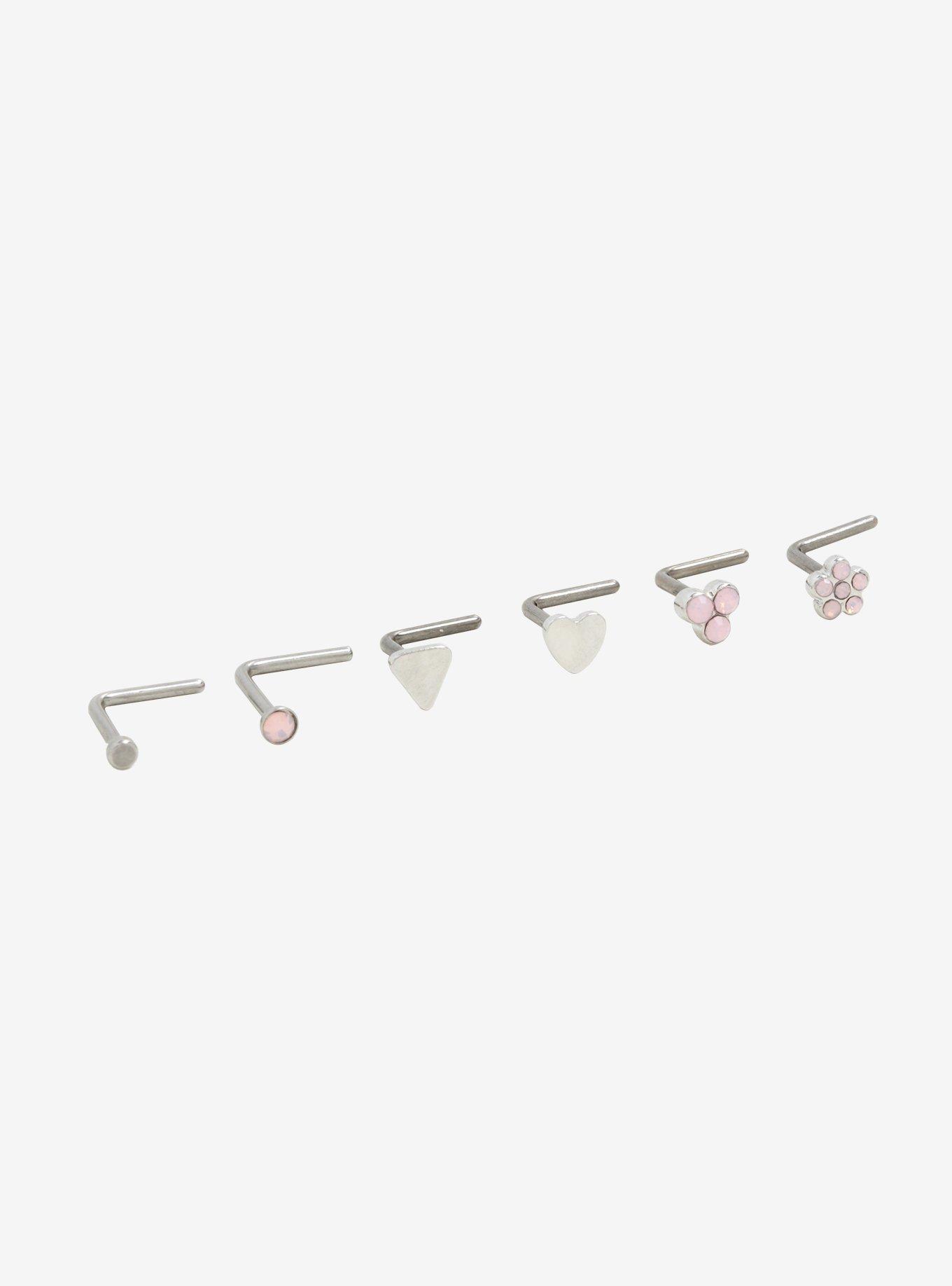 Steel Pink Opal Flower Nose Stud 6 Pack, MULTI, hi-res