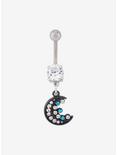 14G Steel Clear & Turquoise Drop Moon Navel Barbell, , hi-res