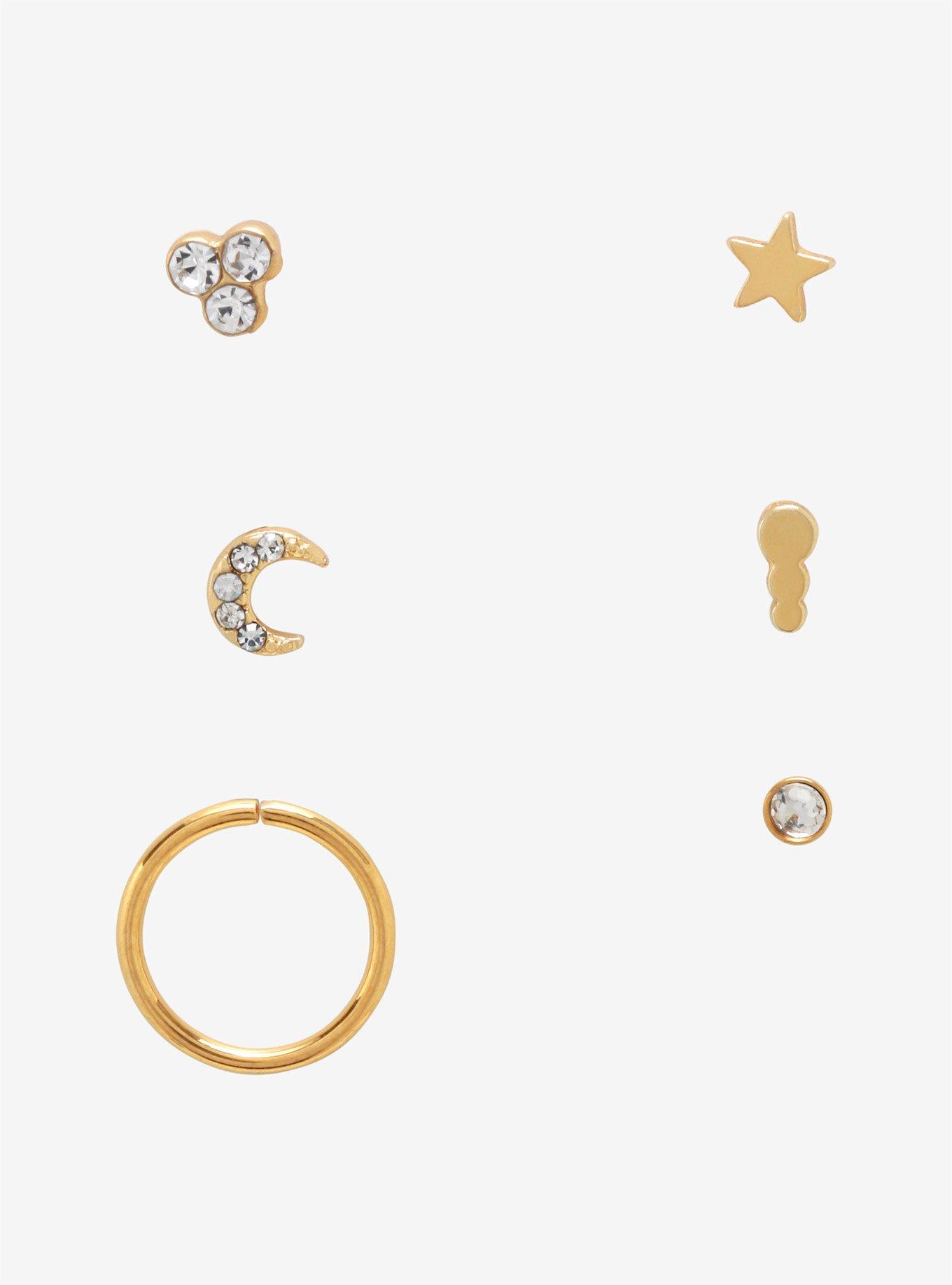 Steel Gold Moon & Stars CZ Nose Stud & Hoop 6 Pack, GOLD, hi-res