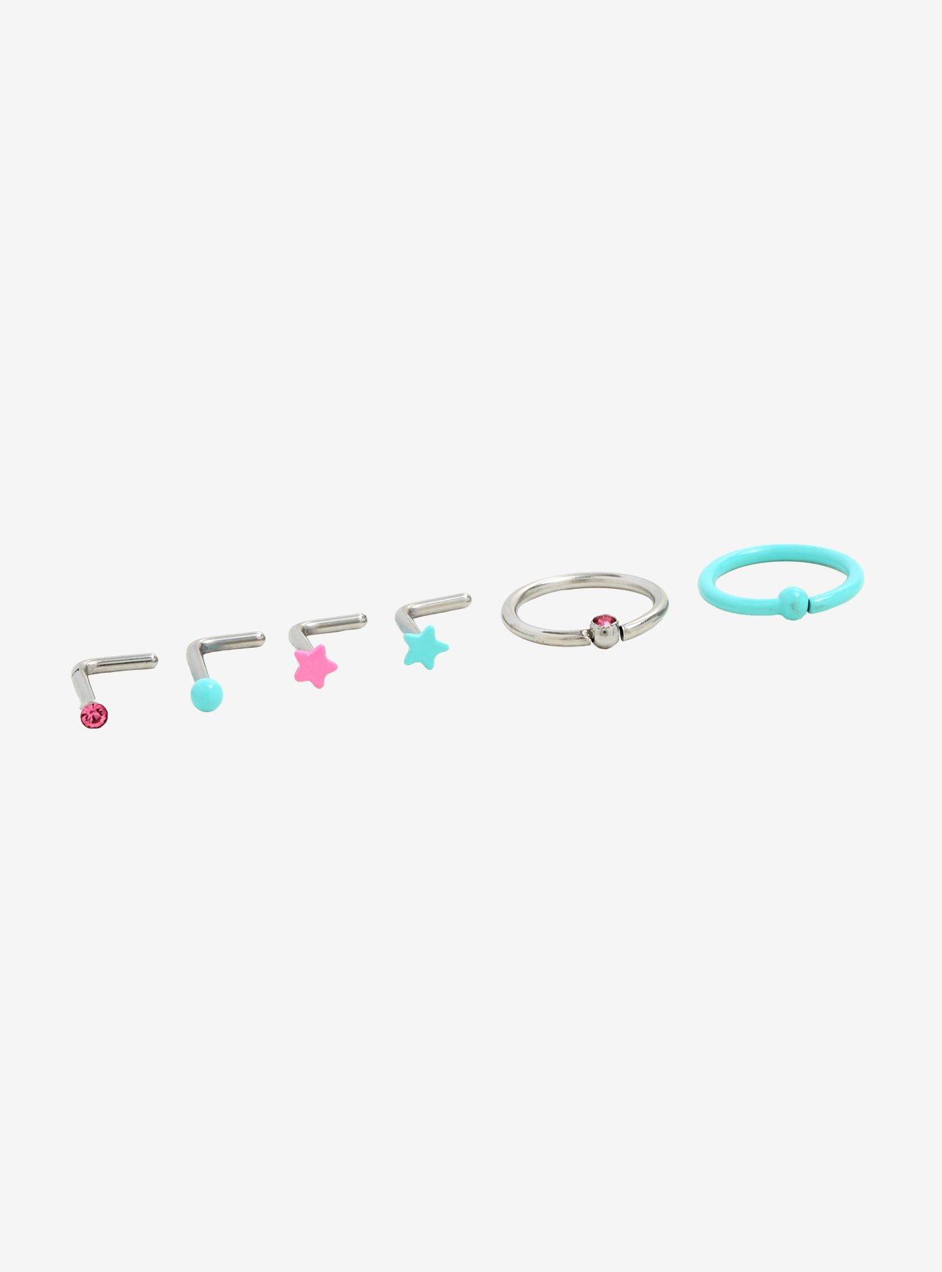 Steel Pink & Blue Nose Stud & Hoop 6 Pack, MULTI, hi-res