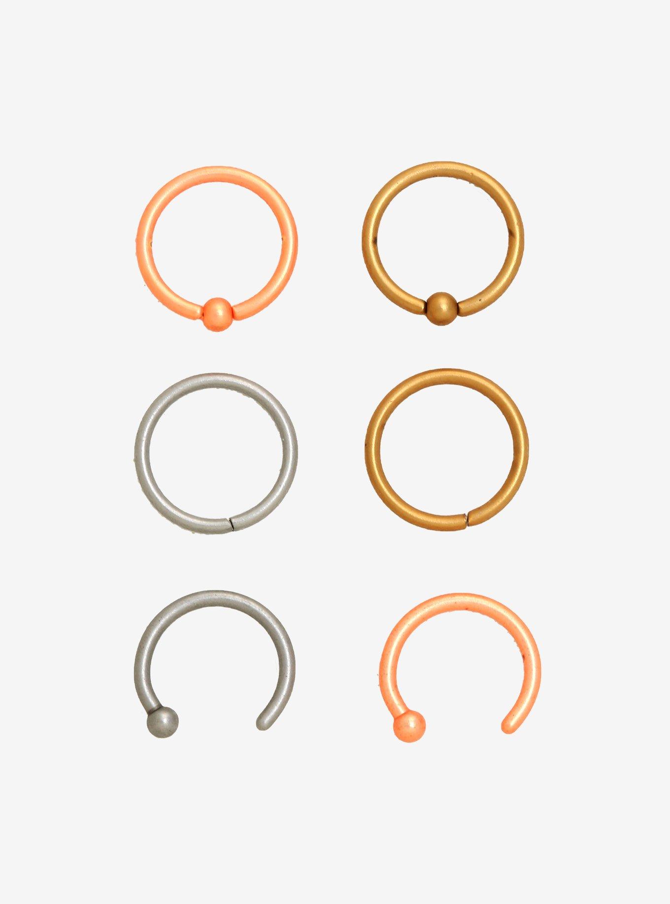 Matte Silver Gold & Bronze Nose Hoop 6 Pack, MULTI, hi-res