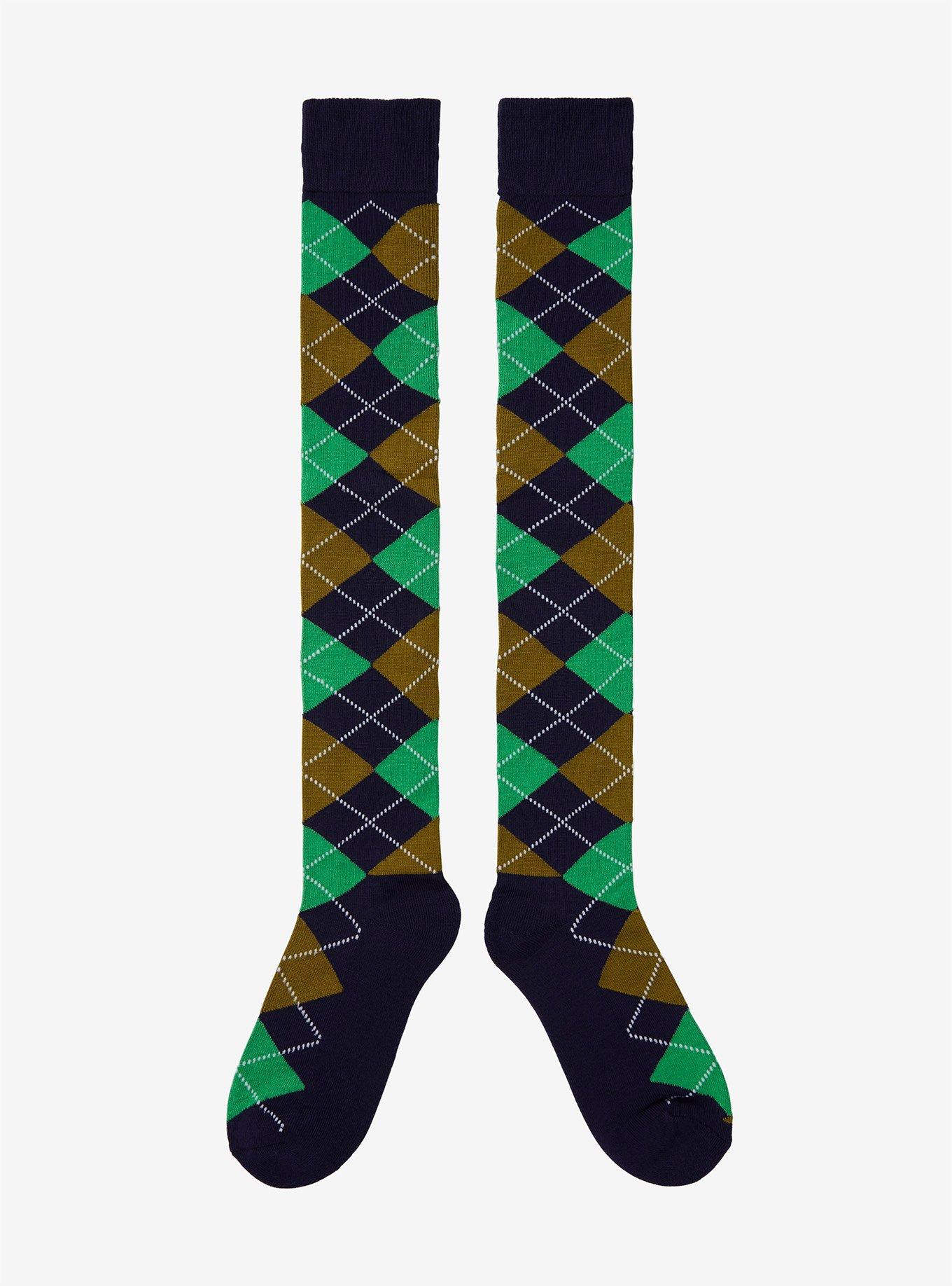 Navy Blue Green & White Argyle Over-The-Knee Socks, , hi-res