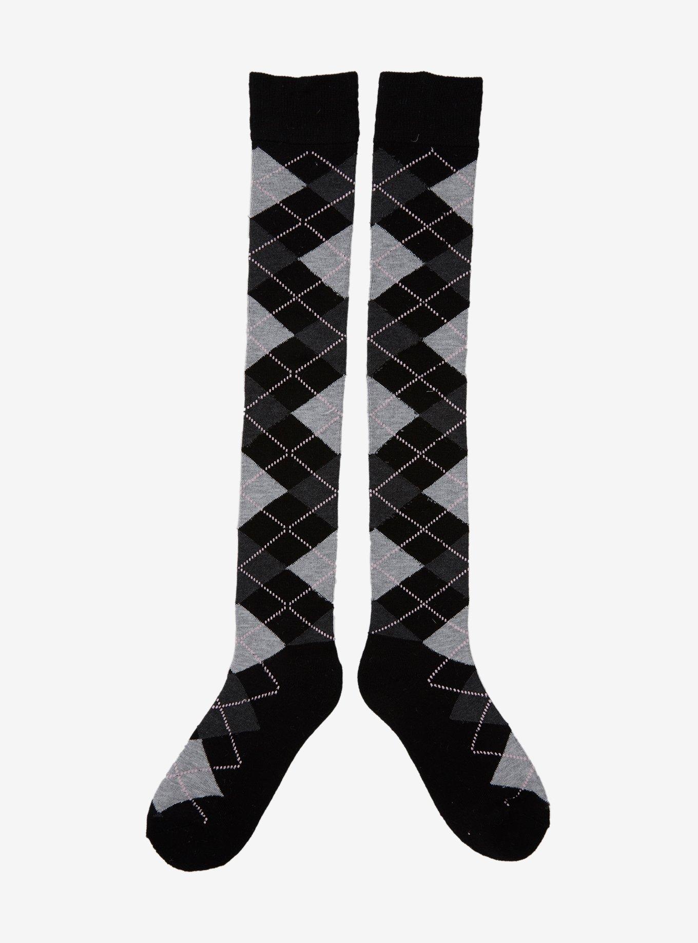 Black Grey & Pink Argyle Over-The-Knee Socks, , hi-res