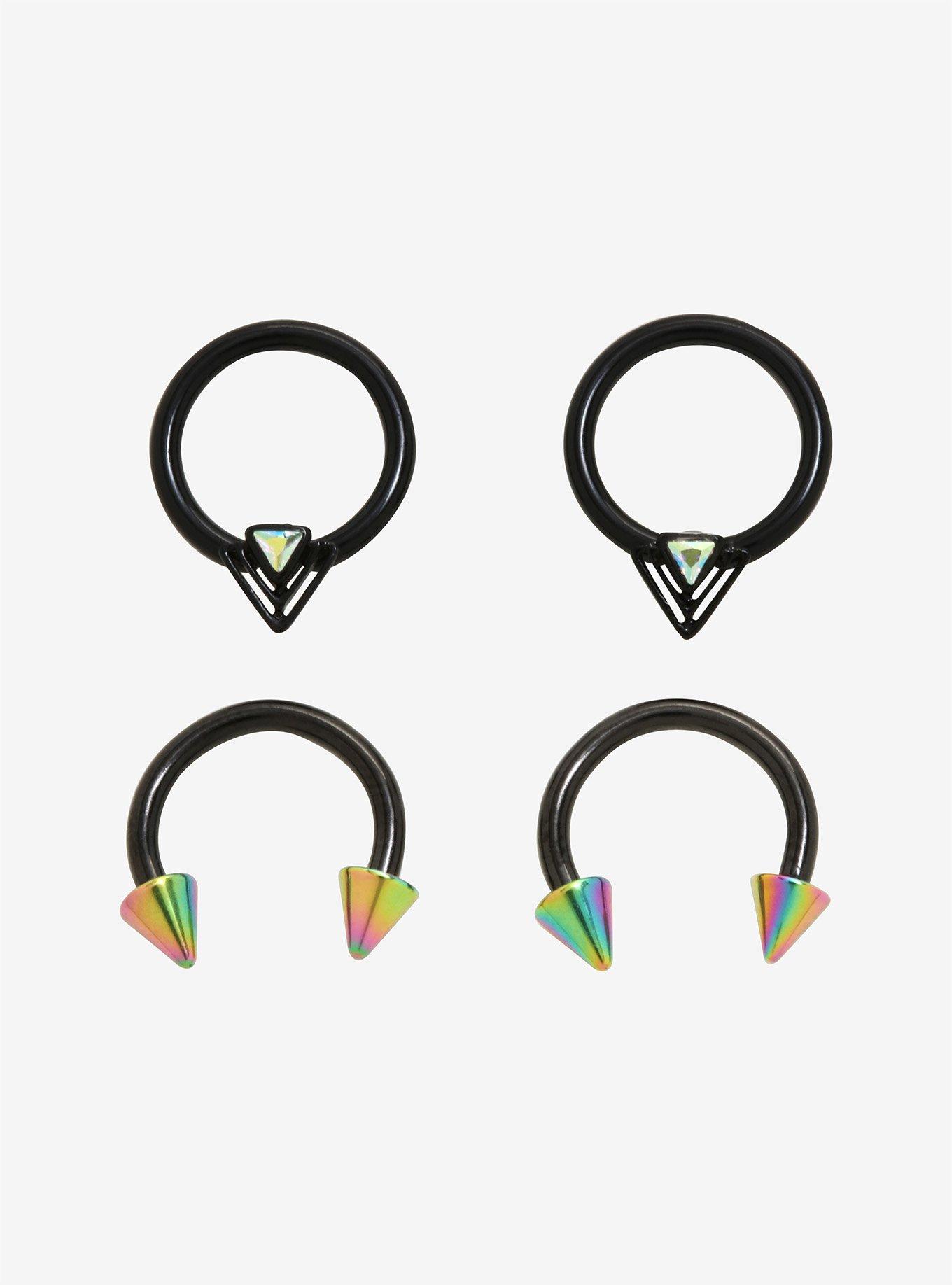 Steel Black Rainbow Spike Captive Hoop & Curved Barbell 4 Pack, MULTI, hi-res
