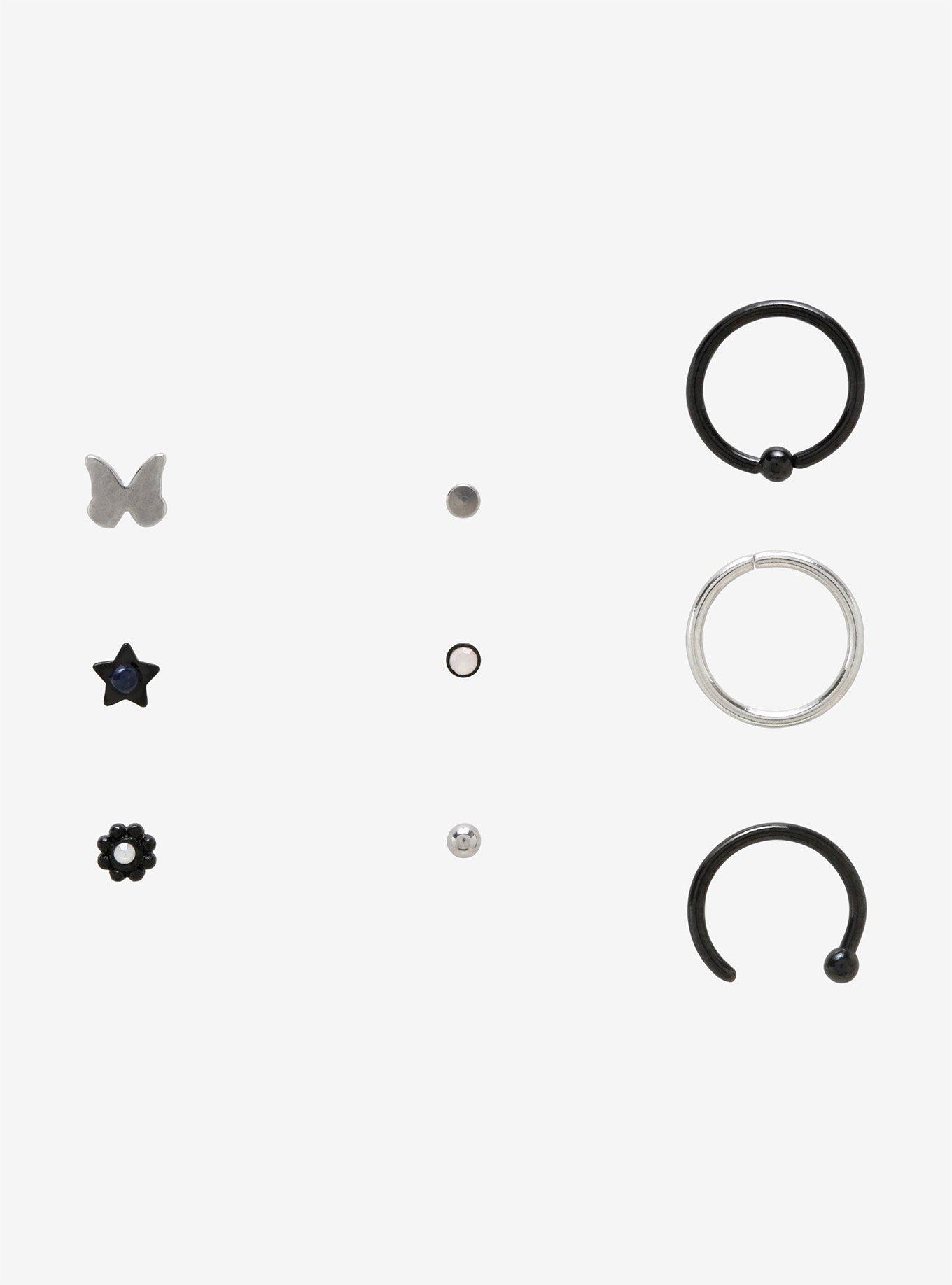 Steel Butterfly & Star Nose Stud & Hoop 9 Pack, MULTI, hi-res