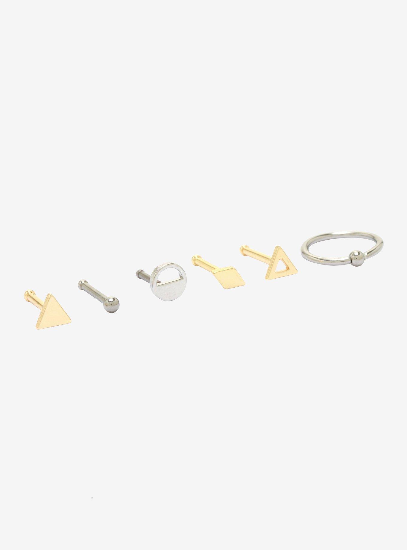 Steel Silver & Gold Geometric Nose Stud & Hoop 6 Pack, MULTI, hi-res