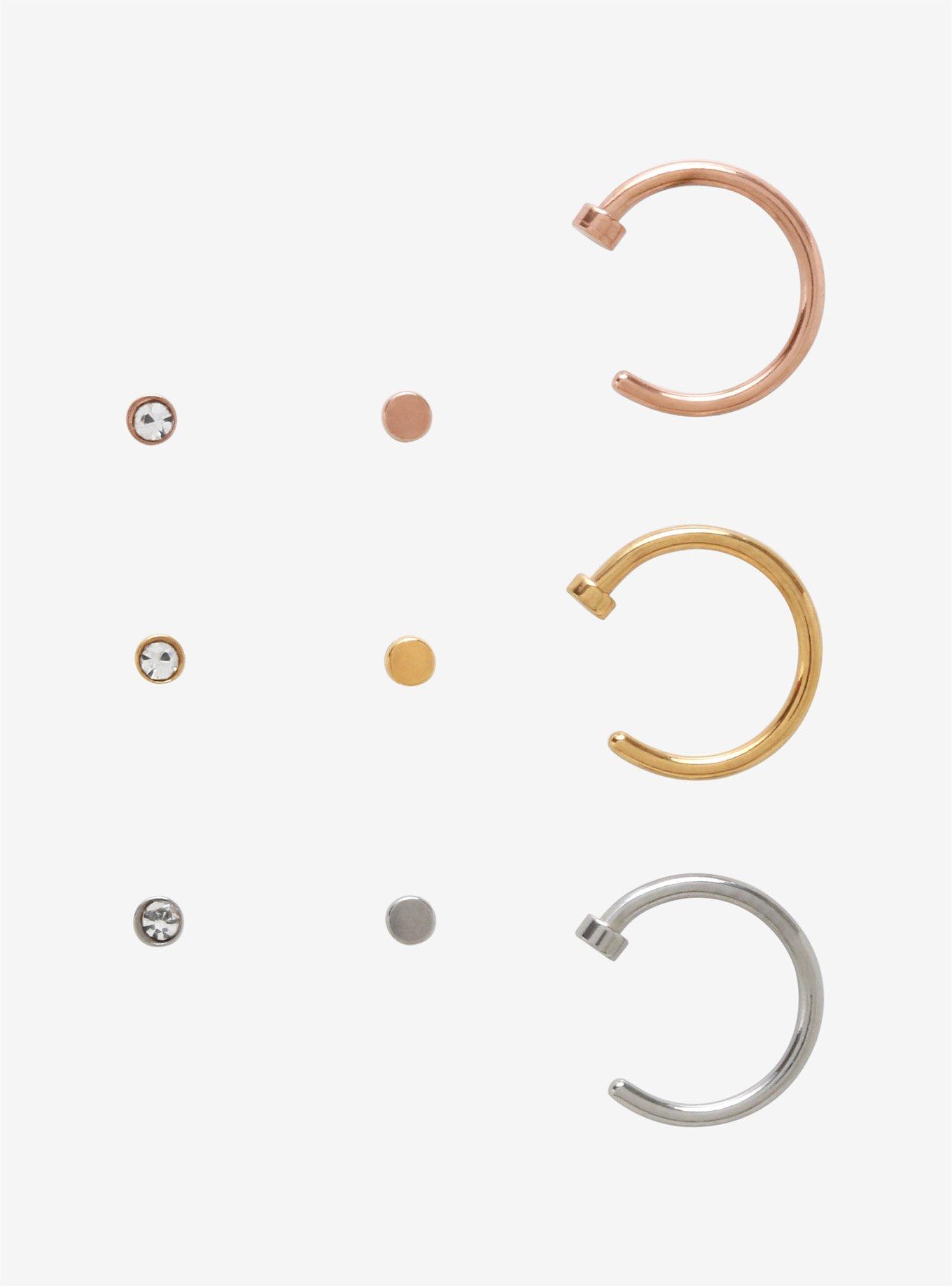 Silver Rose Gold Gold Nose Stud Hoop 9 Pack