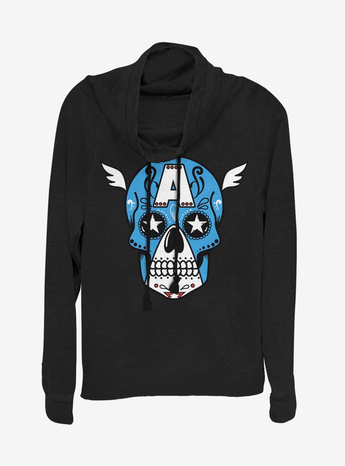 Marvel Captain America Sugar Skull Cowl Neck Long-Sleeve Girls Top, BLACK, hi-res