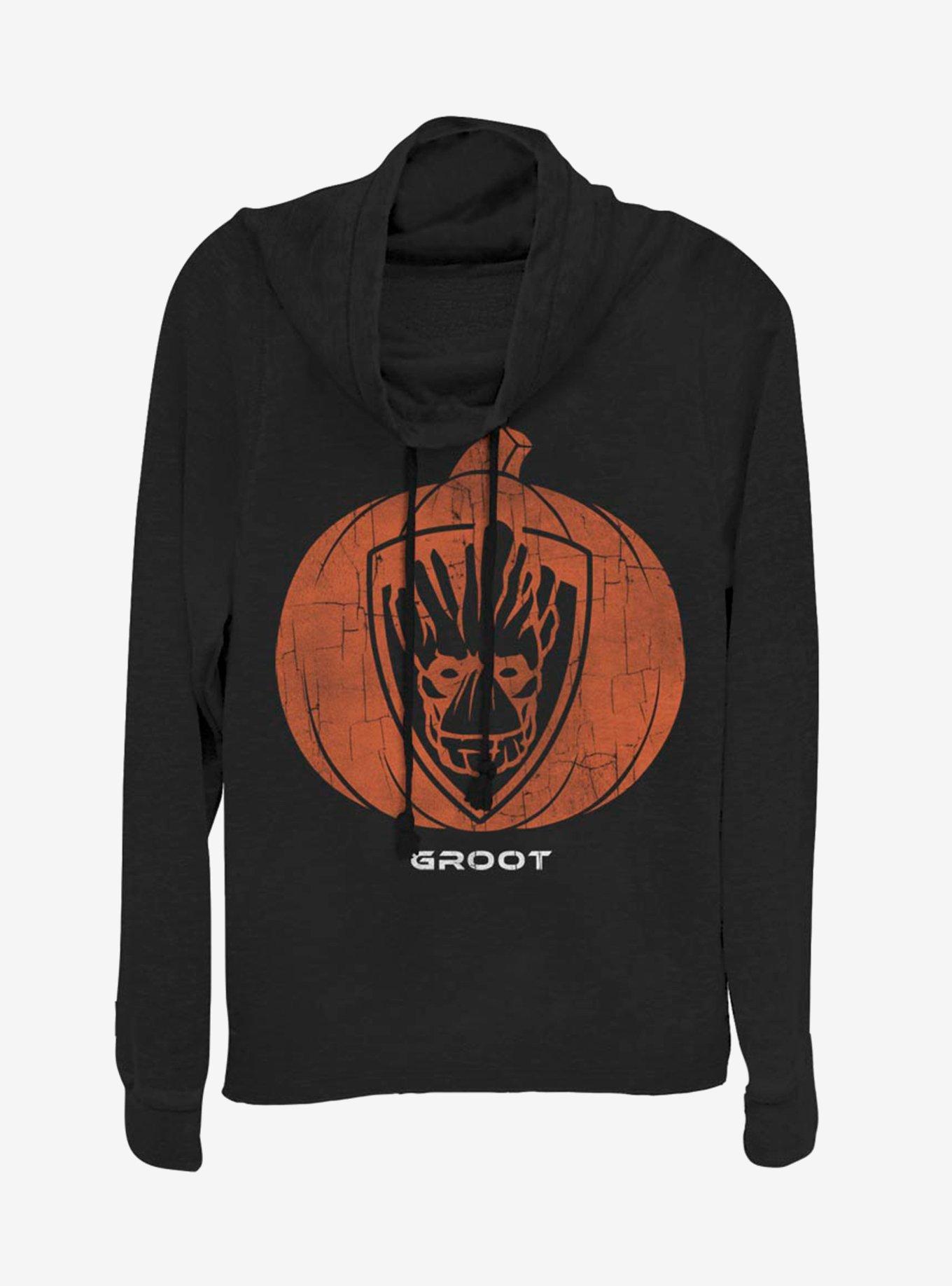 Marvel Guardians Of The Galaxy Groot Pumpkin Cowl Neck Long-Sleeve Girls Top, BLACK, hi-res