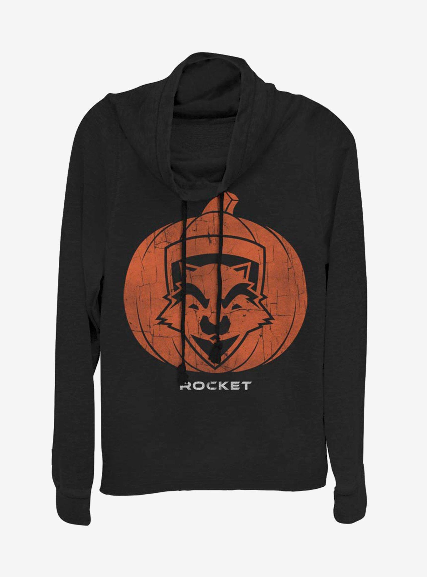 Marvel Guardians Of The Galaxy Rocket Pumpkin Cowl Neck Long-Sleeve Girls Top, BLACK, hi-res