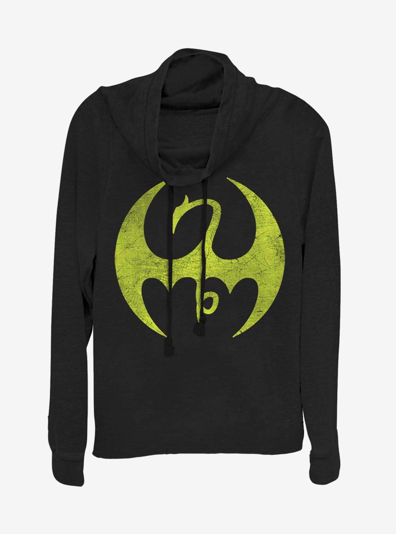 Marvel Iron Fist Iron Logo Cowl Neck Long-Sleeve Girls Top, BLACK, hi-res