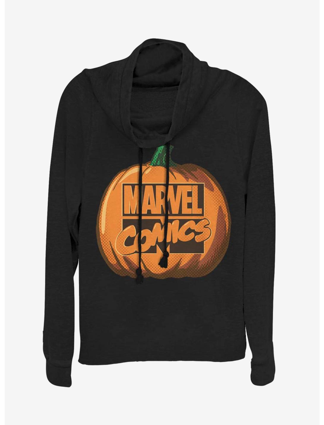 Marvel Logo Pumpkin Cowl Neck Long-Sleeve Girls Top, BLACK, hi-res