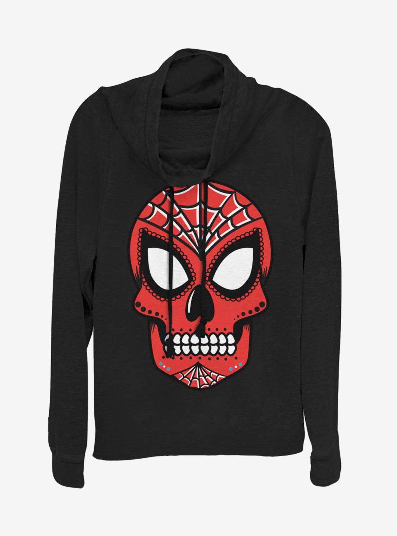 Marvel Spider-Man Sugar Skull Cowl Neck Long-Sleeve Girls Top, BLACK, hi-res