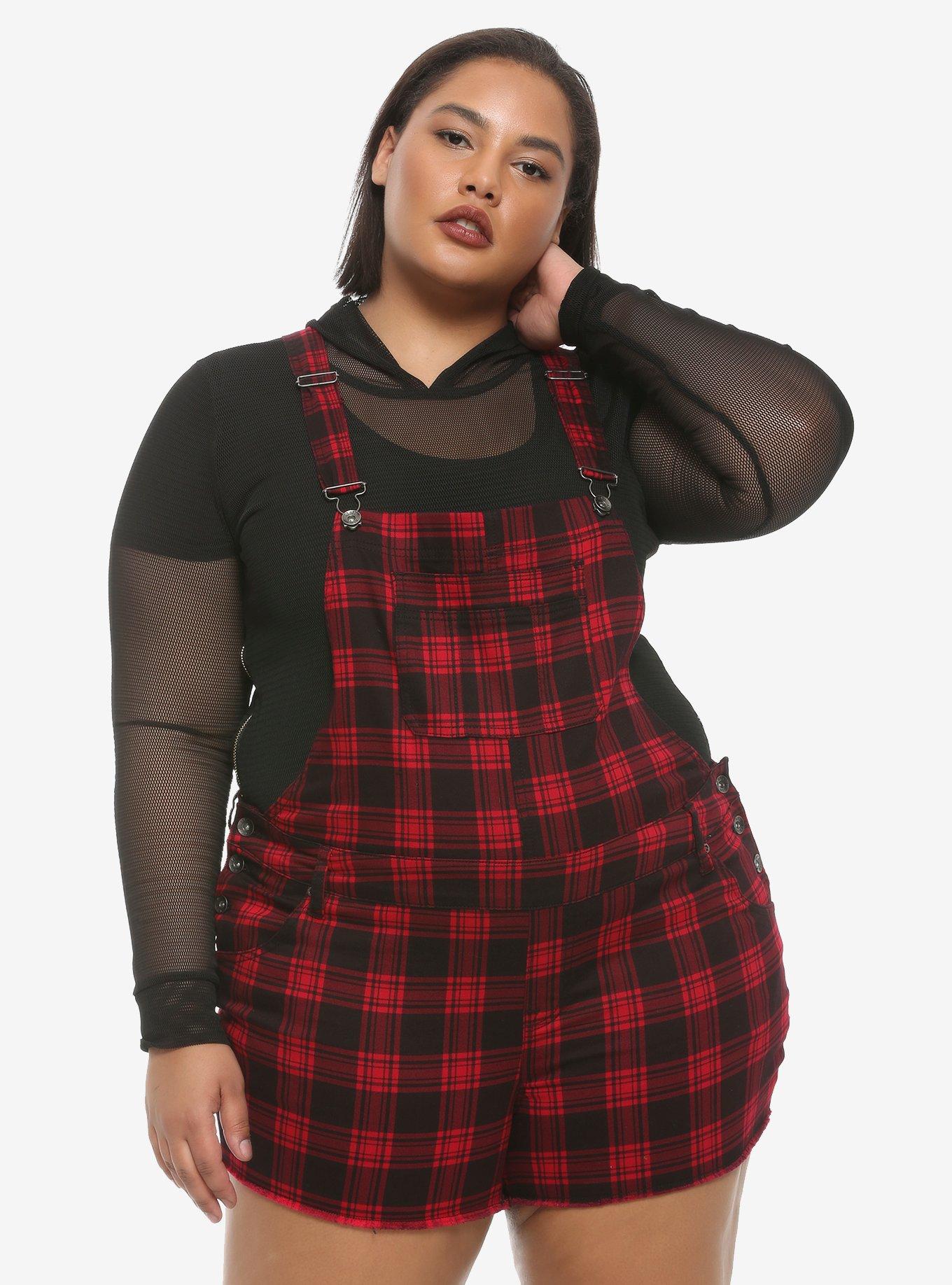 HT Denim Black & Red Plaid Shortalls Plus Size, PLAID - RED, hi-res