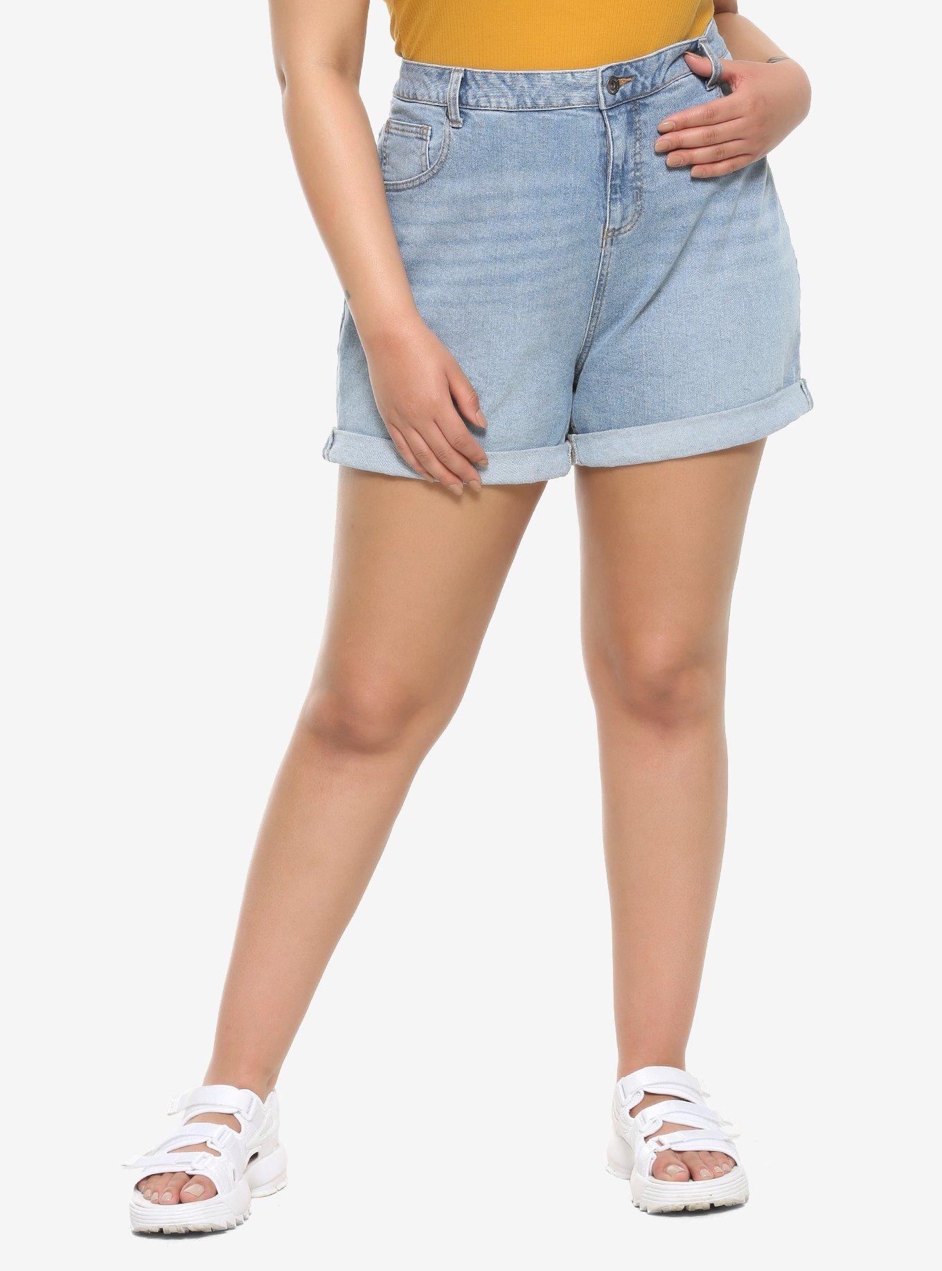 HT Denim Washed Indigo Mom Shorts Plus Size, INDIGO, hi-res