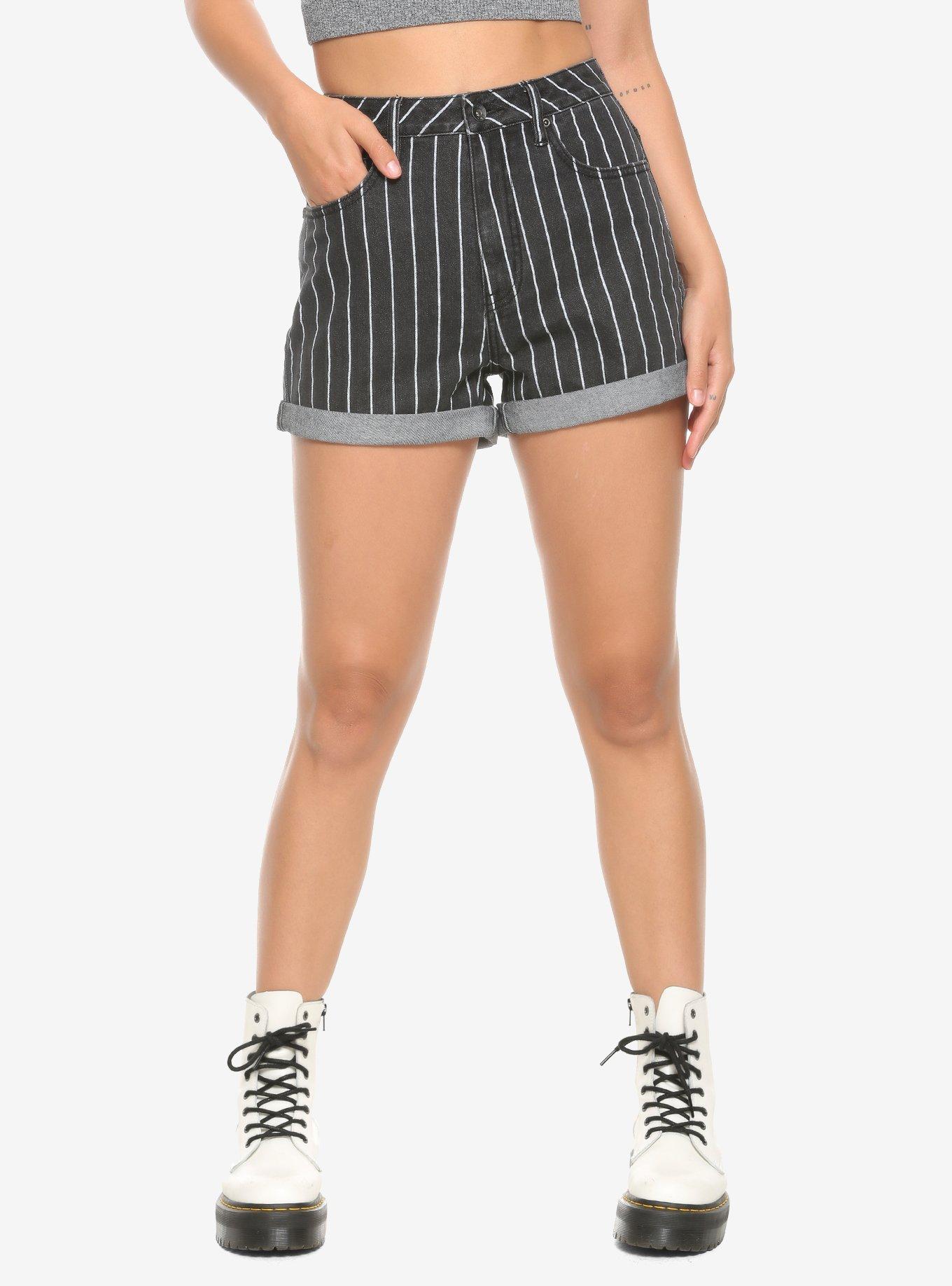 HT Denim Washed Black & White Stripe Mom Shorts, PINSTRIPE, hi-res