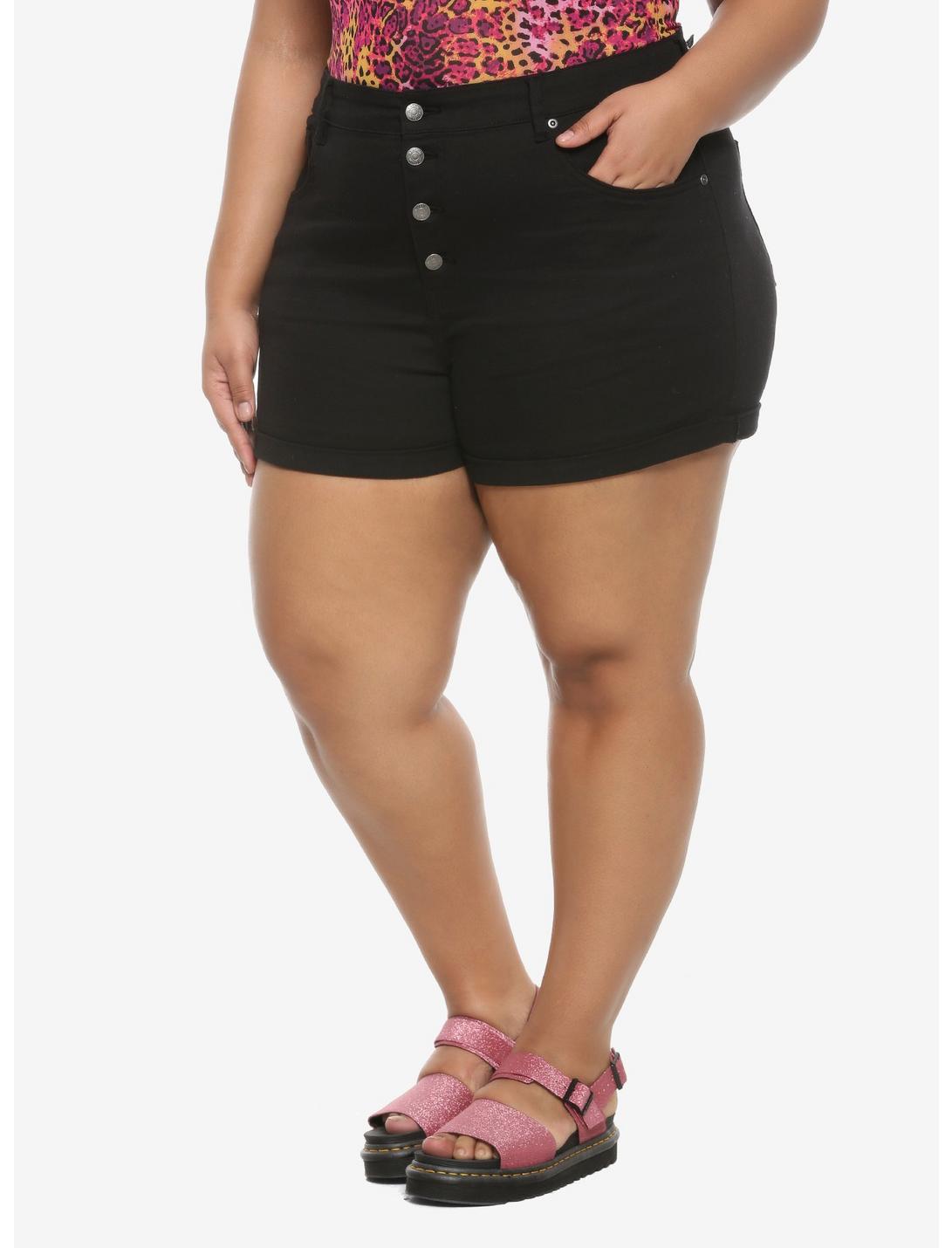 HT Denim Black Ultra Hi-Rise Button Front Shorts Plus Size, BLACK, hi-res