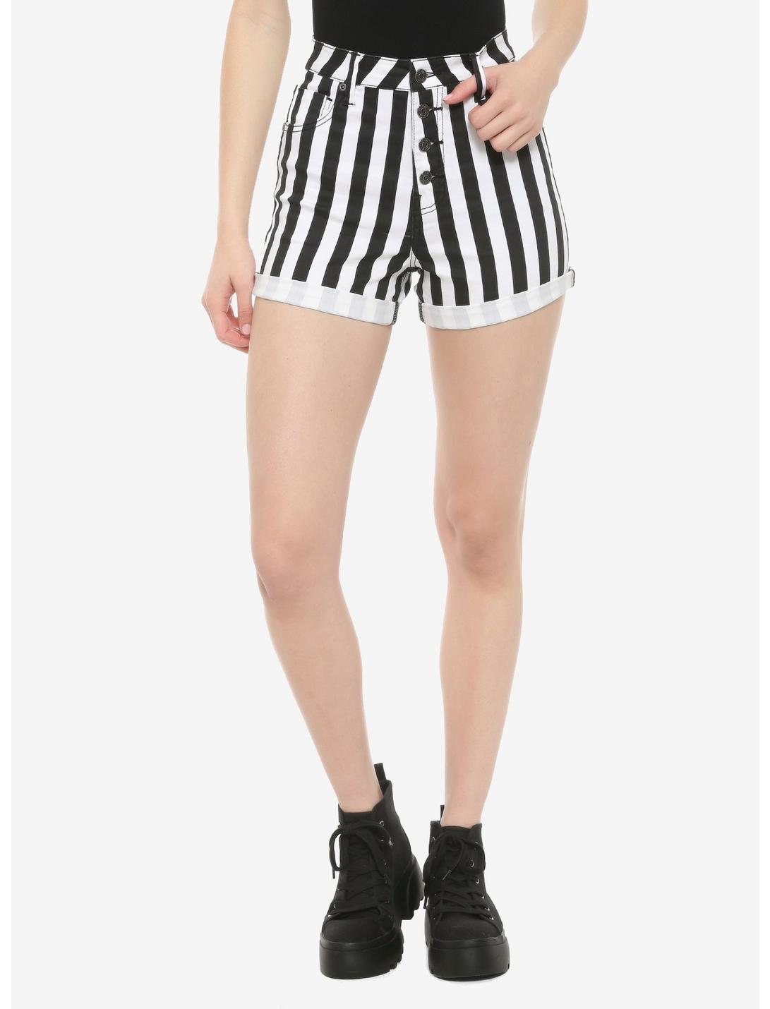 HT Denim Black & White Stripe Ultra Hi-Rise Button-Front Shorts, STRIPE -BLACK, hi-res