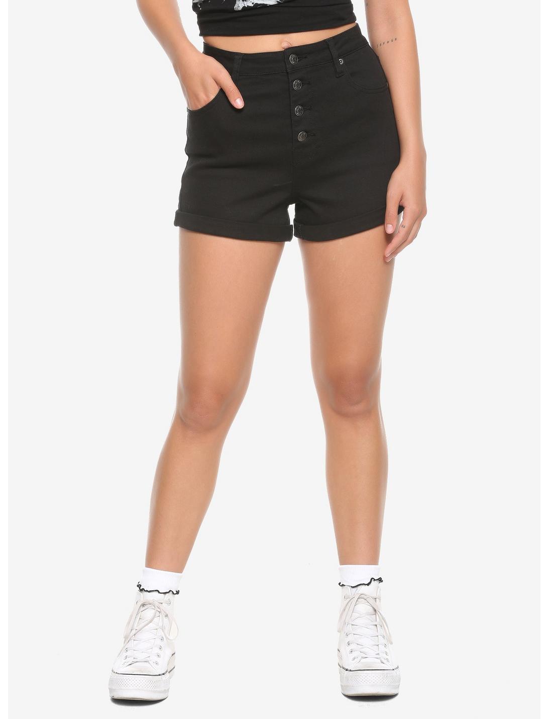 HT Denim Black Ultra Hi-Rise Button-Front Shorts, BLACK, hi-res