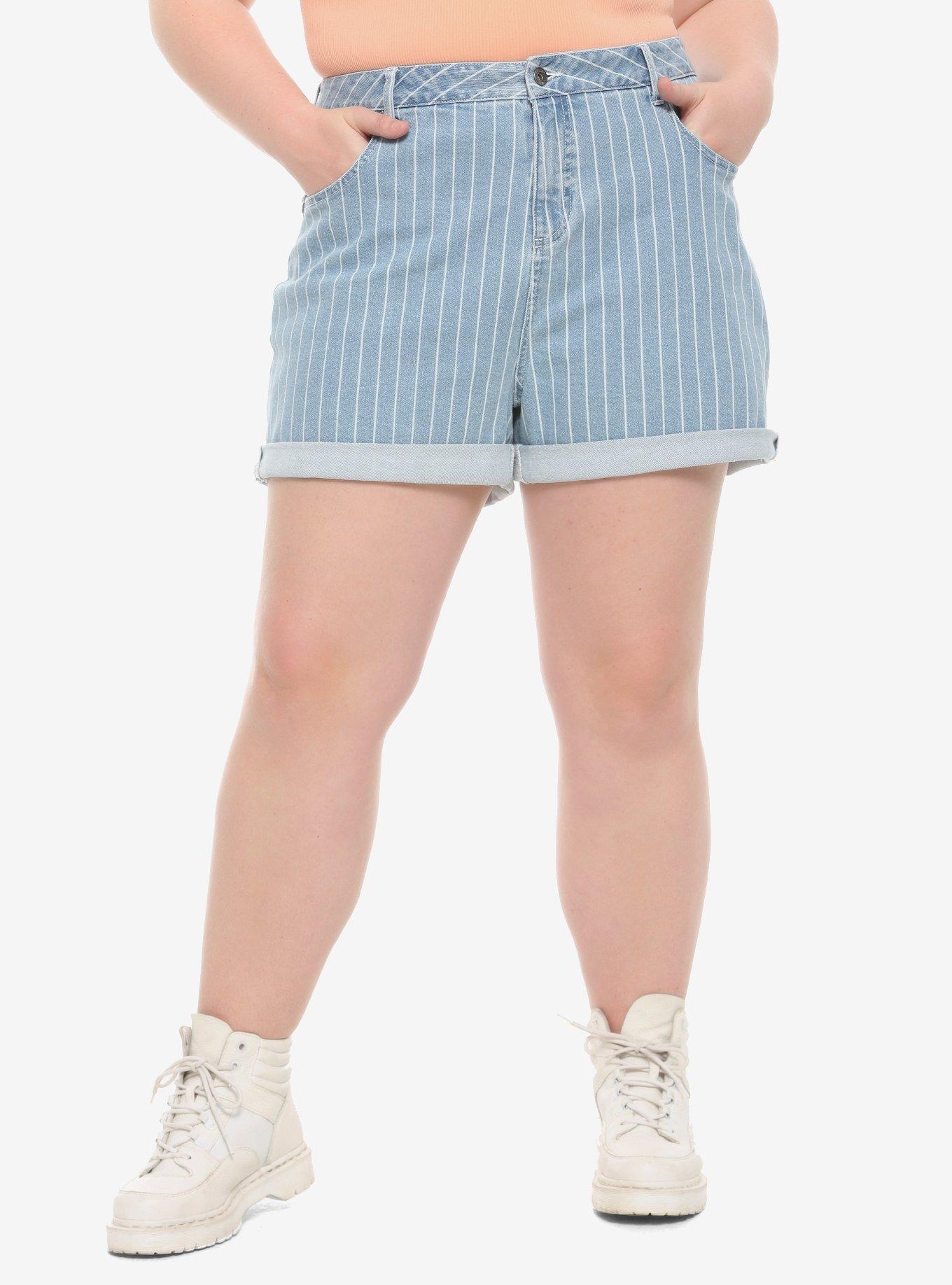 HT Denim Washed Indigo & White Stripe Mom Shorts Plus Size, PINSTRIPE, hi-res