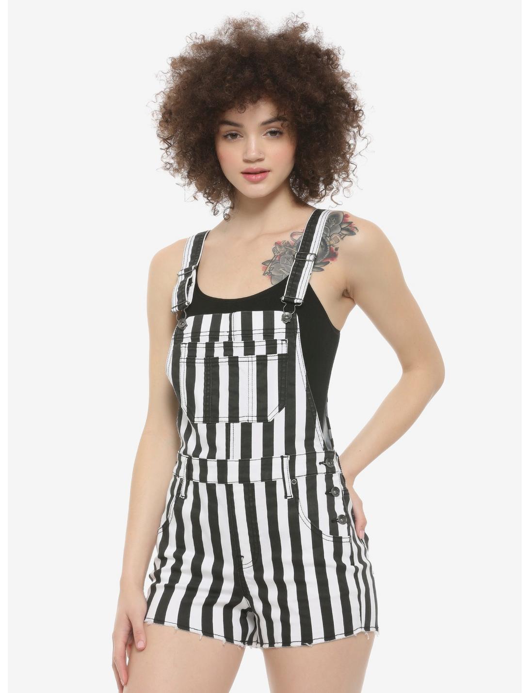HT Denim Black & White Stripe Shortalls, STRIPE -BLACK, hi-res