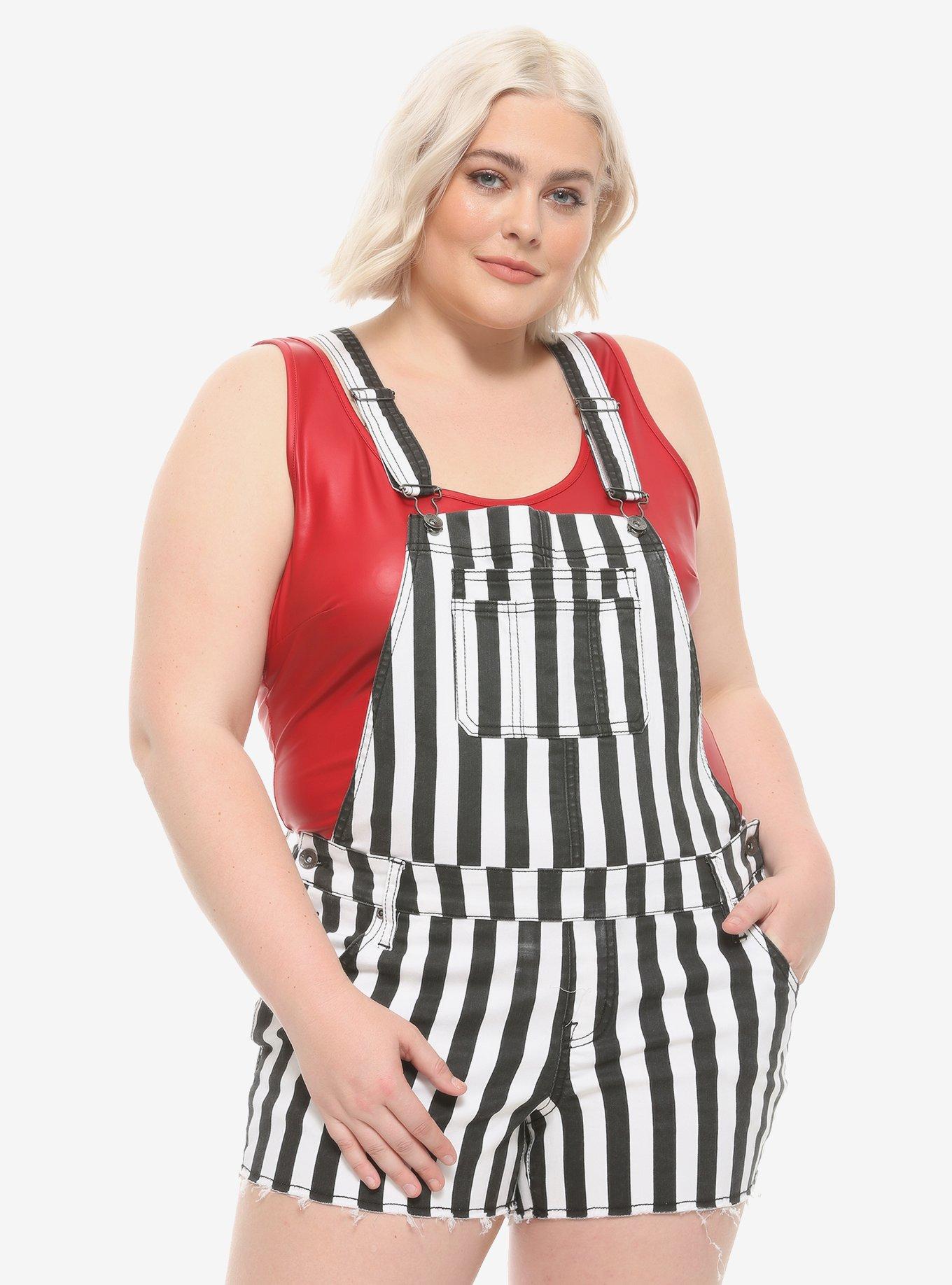 HT Denim Black & White Stripe Shortalls Plus Size, STRIPE -BLACK, hi-res