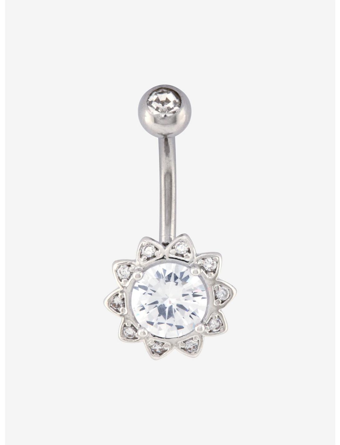 14G Steel Clear CZ Sunflower Navel Barbell, , hi-res